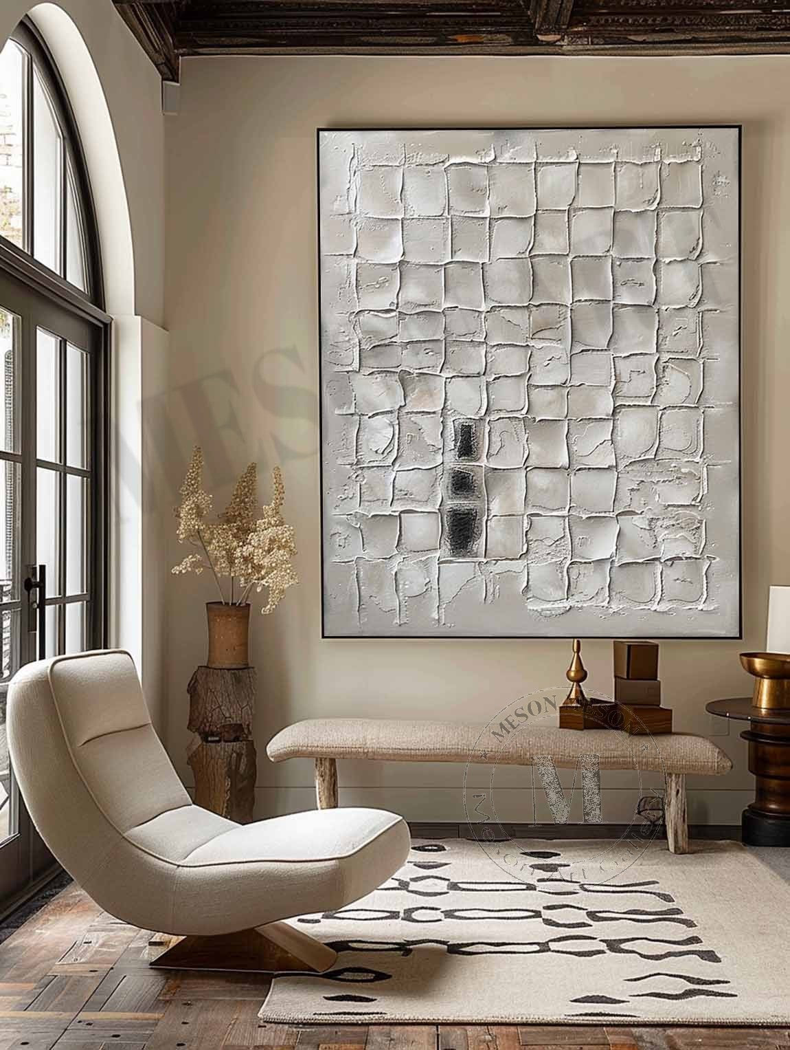 3D White Plaster Texture Painting White Minimalist Abstract Canvas Wall Art for Sale