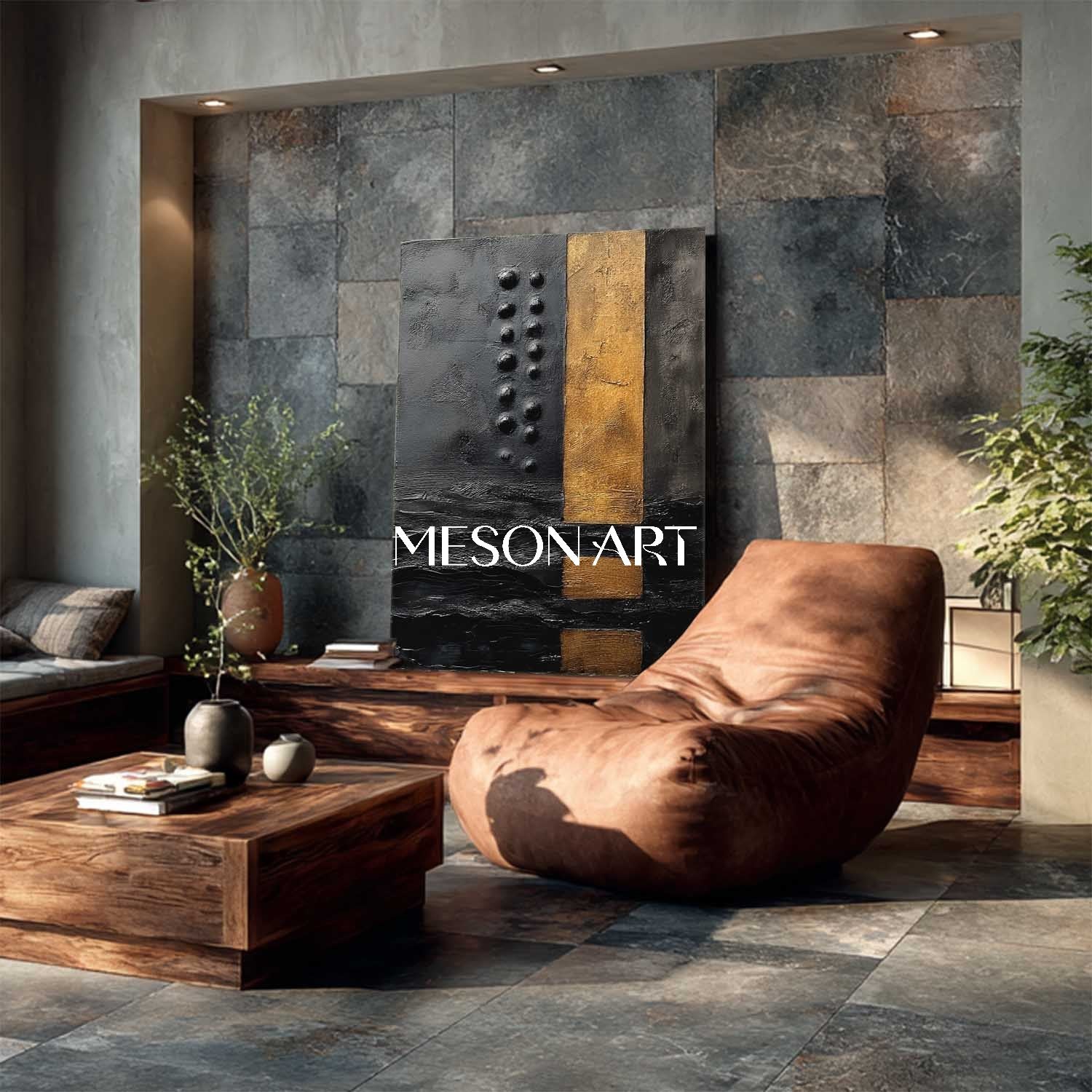 Large Black and Gold Abstract Textured Oil Painting for Living Room