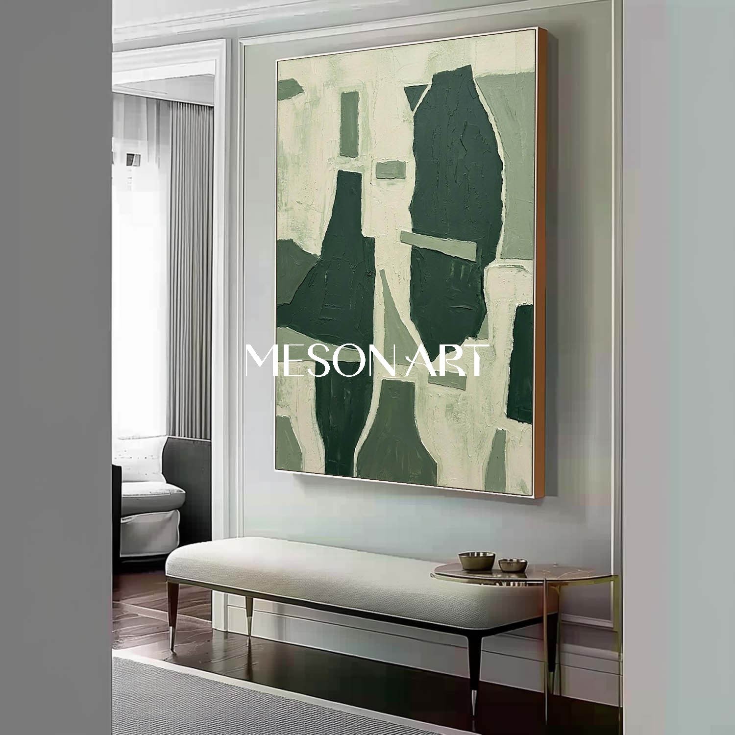 MesonArt Sage Green Geometric Canvas | 3D Textured Abstract Art