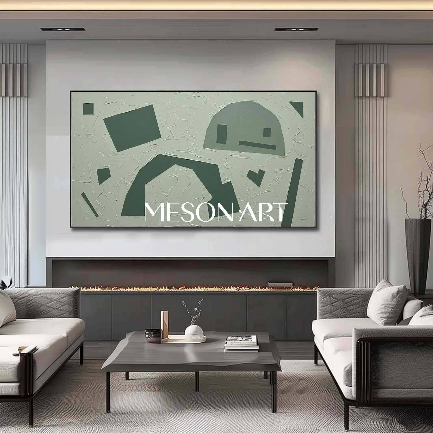 Tonal Sage Framed Painting Panoramic Green Geometric Canvas Above Sofa Abstract Wall Decor