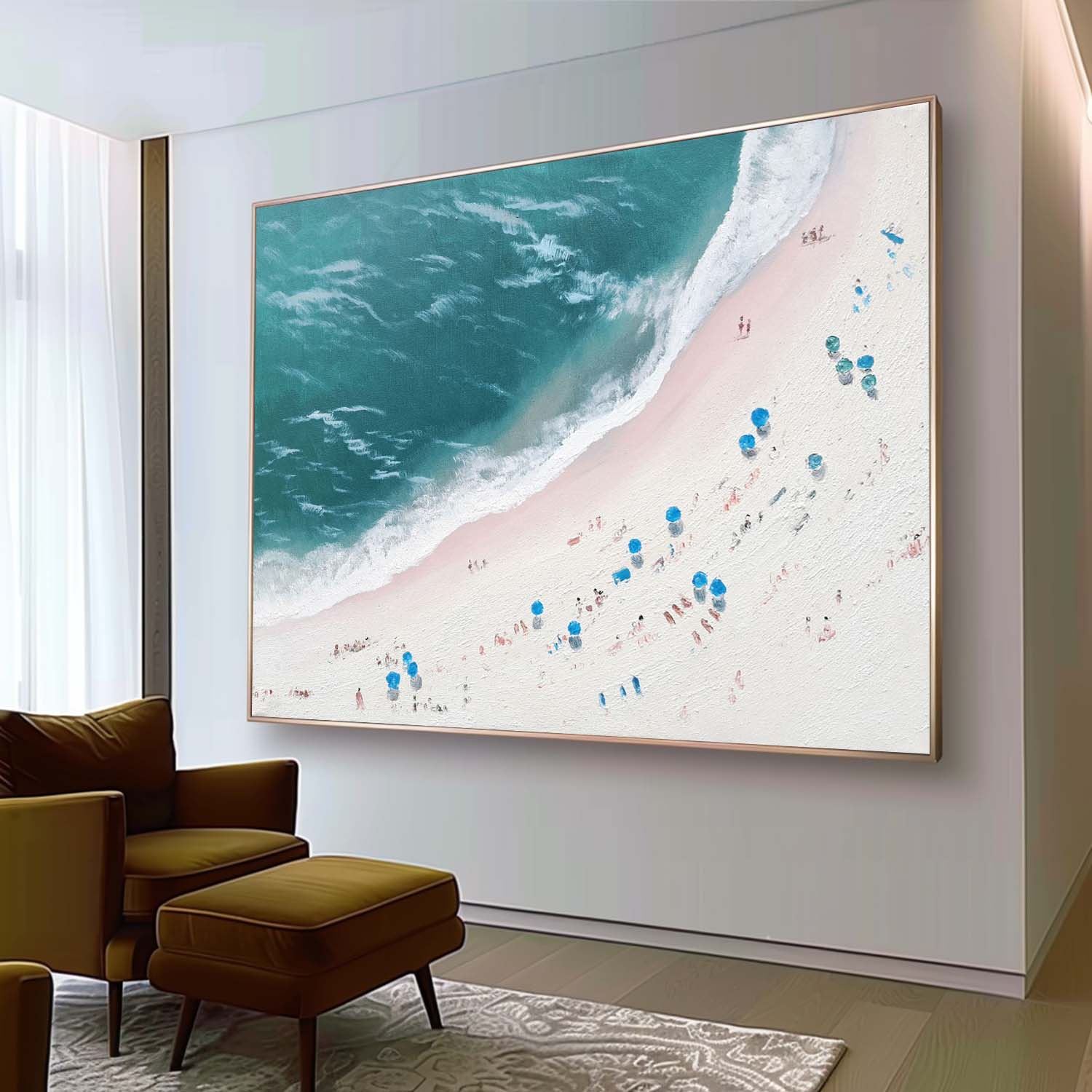 Large Blue And White Sea Wave Beach Oil Painting Coastal Wall Art Decor Seaside Abstract Canvas Art