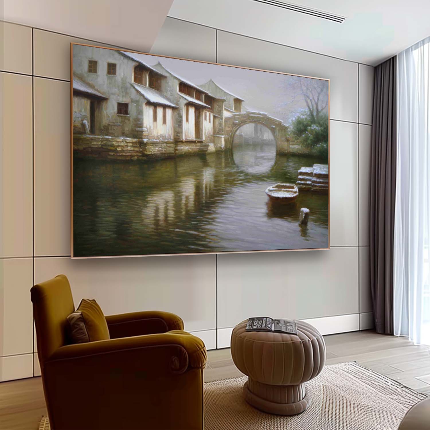 Super Realistic Ancient Water Town Landscape Art Ancient Town Water Town Landscape Canvas Wall Art.