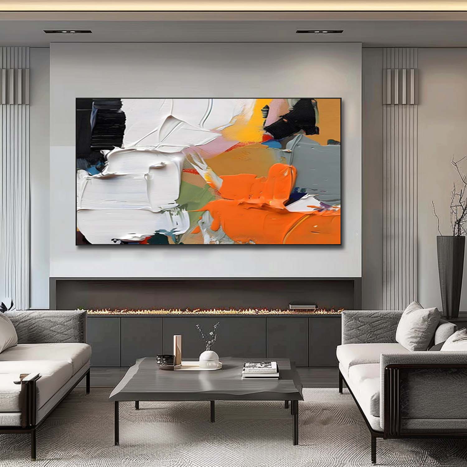 Extra Large Orange and White Textured Painting Orange and White Textured Canvas Wall Art for Sale