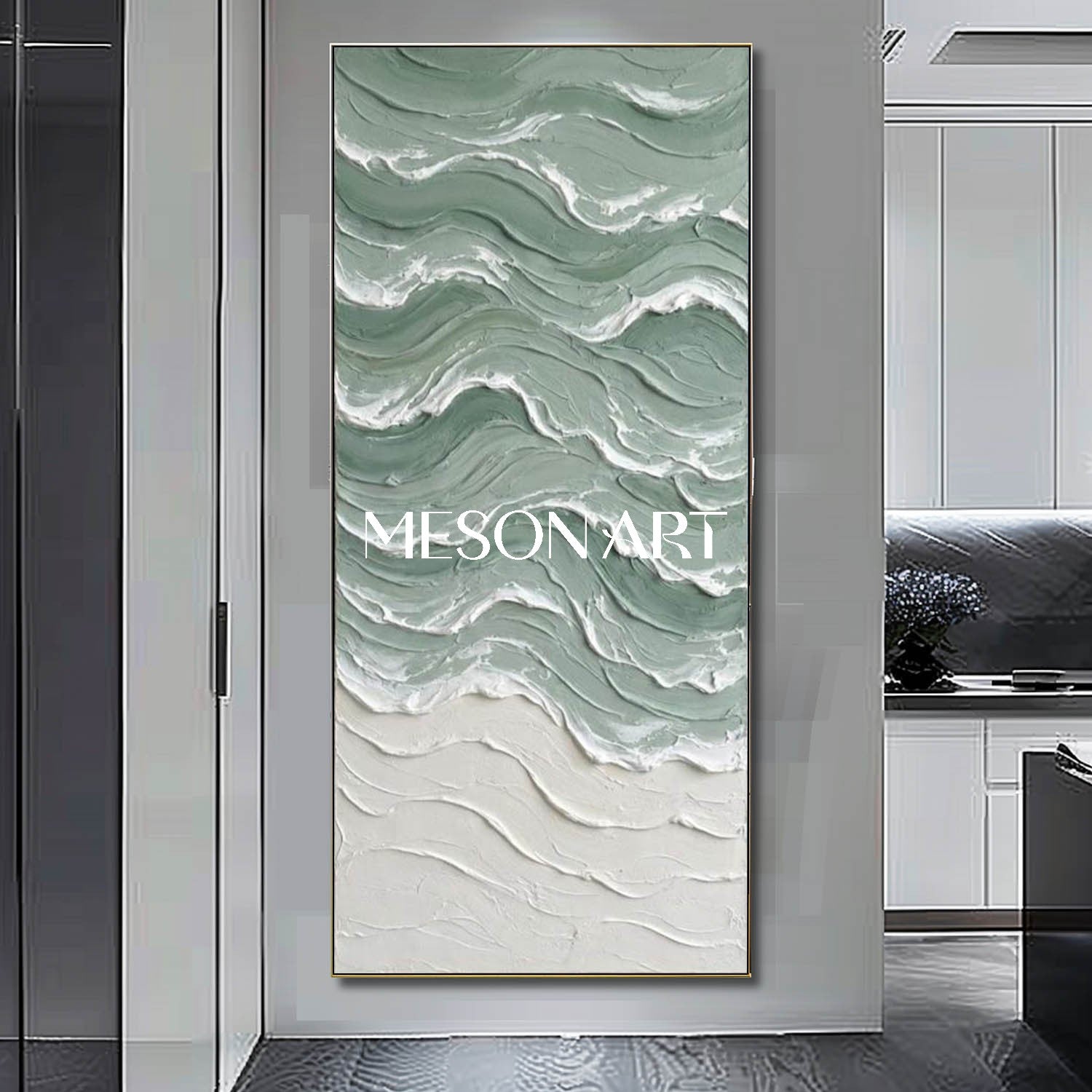 Large Green Wave And Beach Abstract Canvas Wall painting Minimalist Sea Wall Art Decor