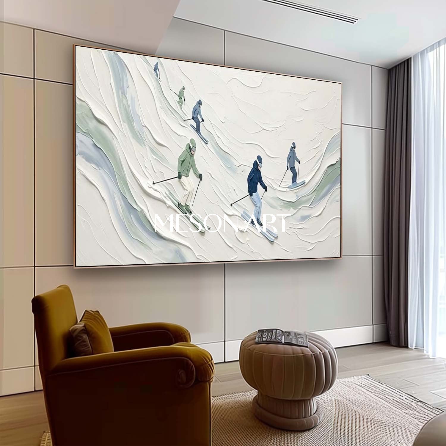 3D Textured White Snow Skiing Panoramic Canvas Wall Art for Modern Home