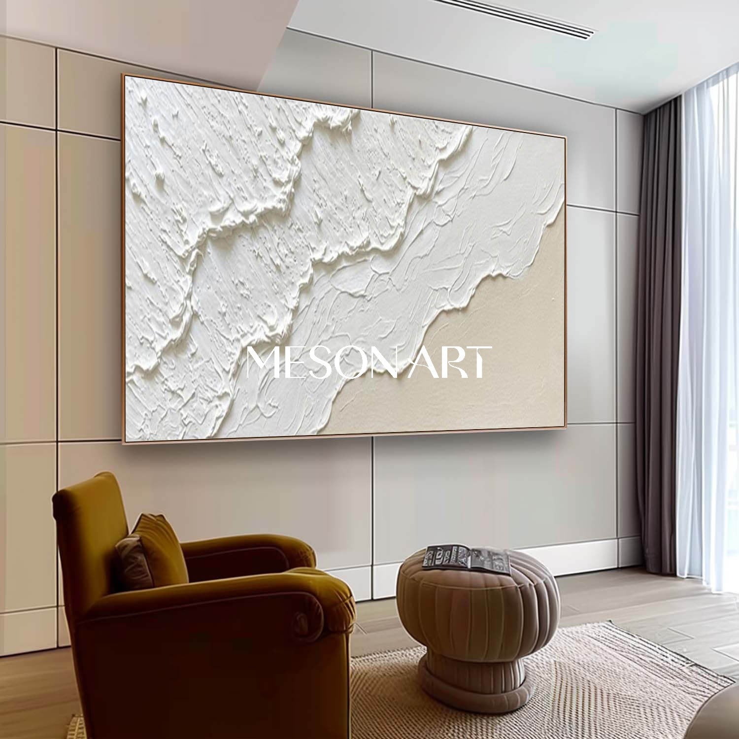 Large White And Beige Wave Painting Minimalist Interior Design Wall Decor