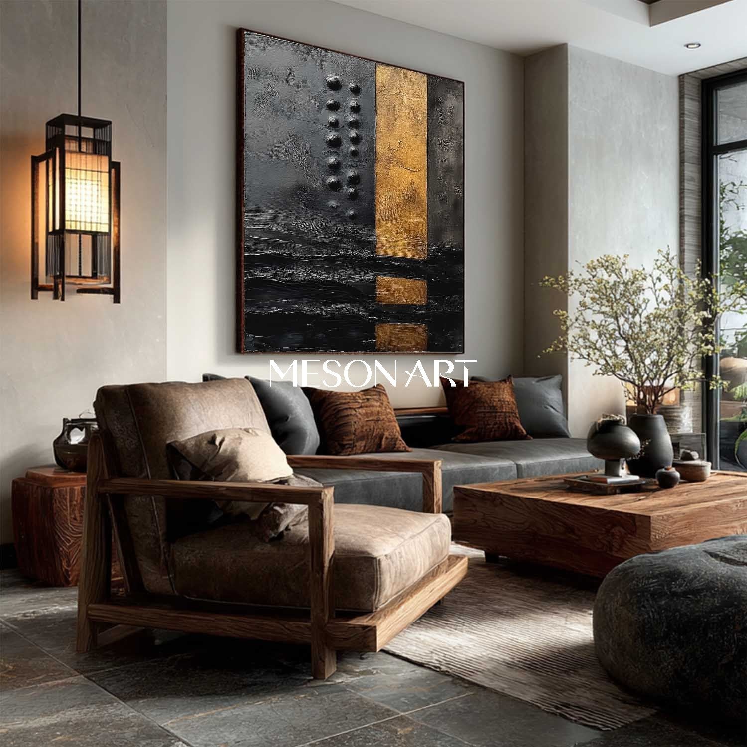 Large Black and Gold Abstract Textured Oil Painting for Living Room