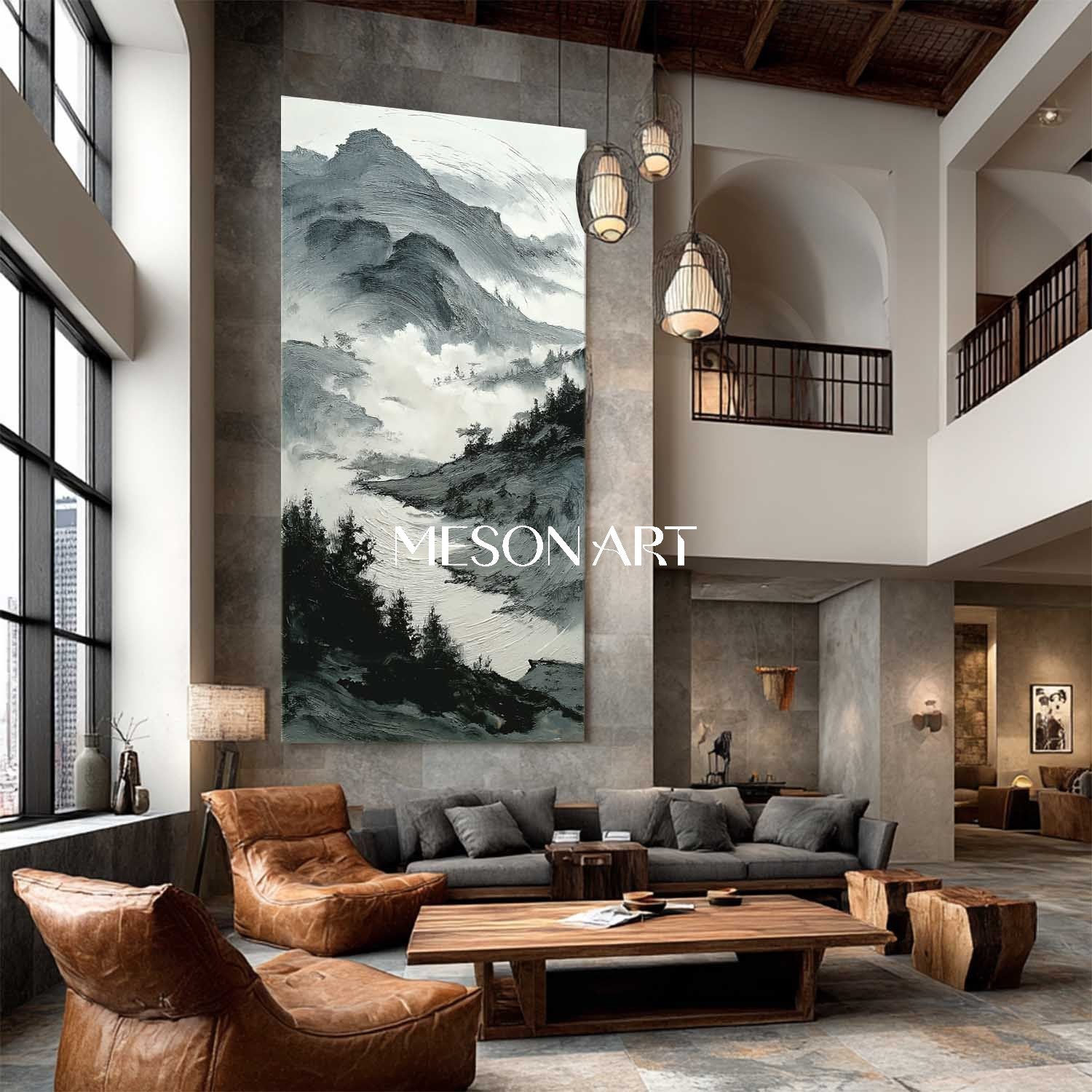 Vertical Black White Wabi Sabi Landscape Textured Canvas Entryway Art