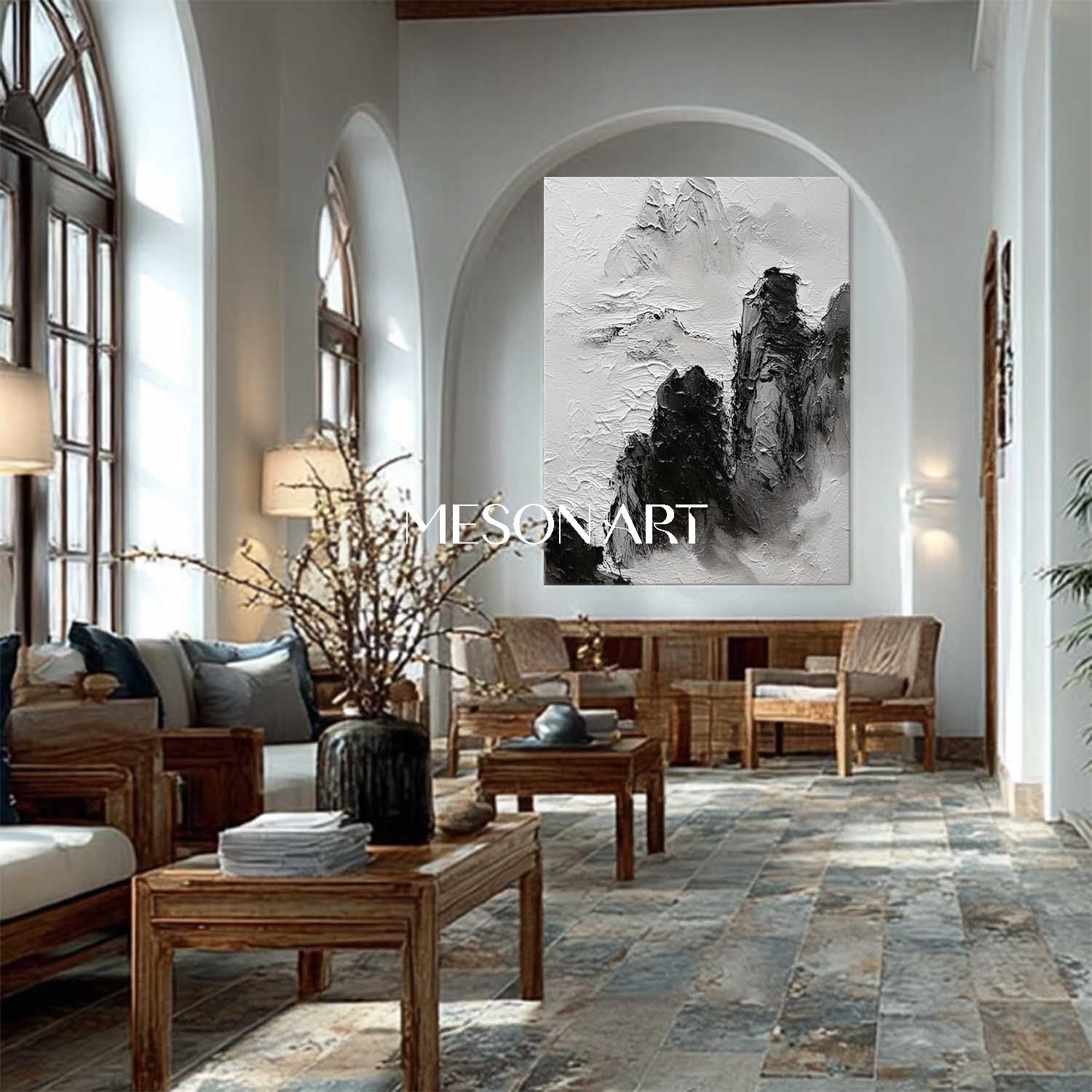 Large Black White Landscape Wabi Sabi Style Textured Canvas Wall Decor