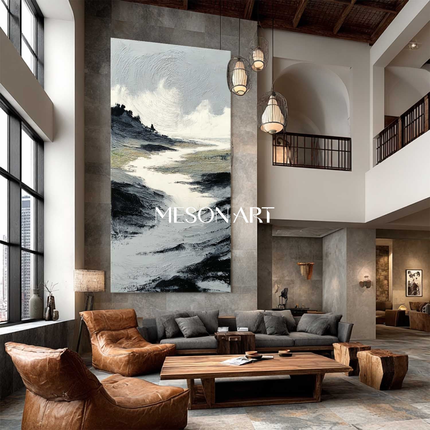 Modern Impasto Landscape Painting Neutral Mountain Texture Artwork