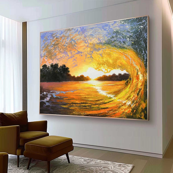 Orange and Blue Wave Oil Painting Surf Wall Art for Sale Surfer Canvas Art Wave Realistic Art