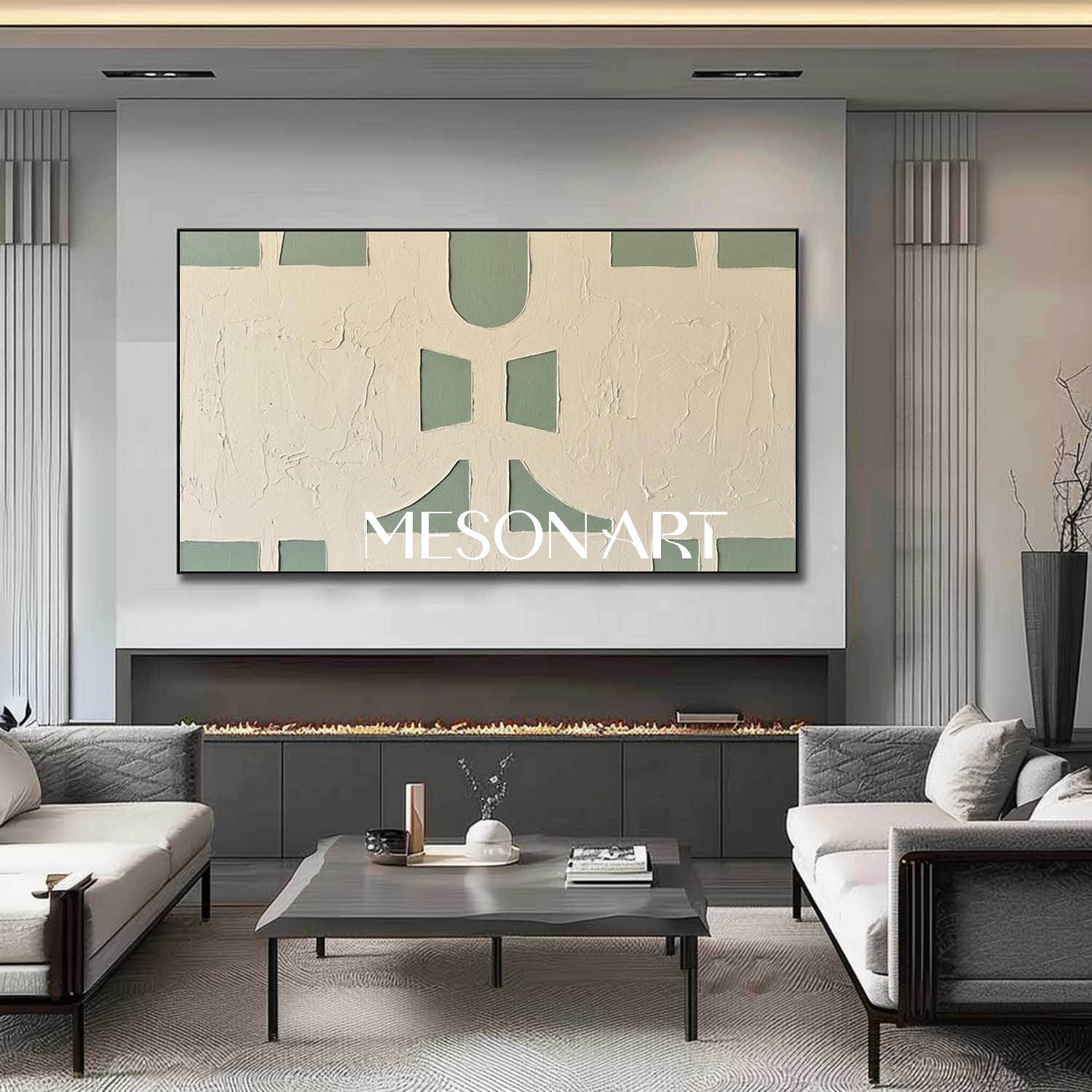 Panoramic Sage Green Canvas 3D Textured Geometric Painting Custom Size Architectural Canvas