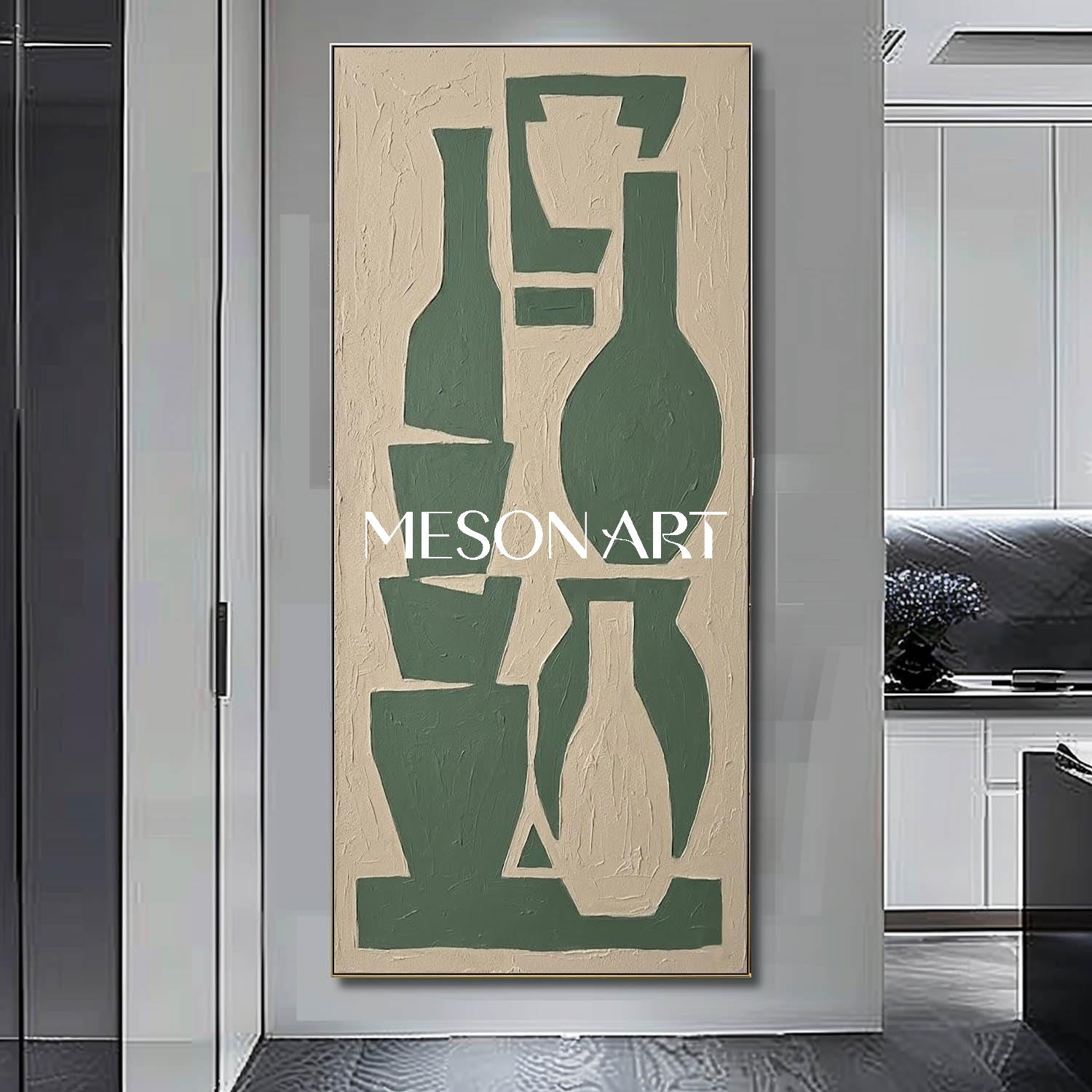 MesonArt Tall Vertical Vase Art Sage Green Stacked Bottles Heavy Impasto Staircase Painting