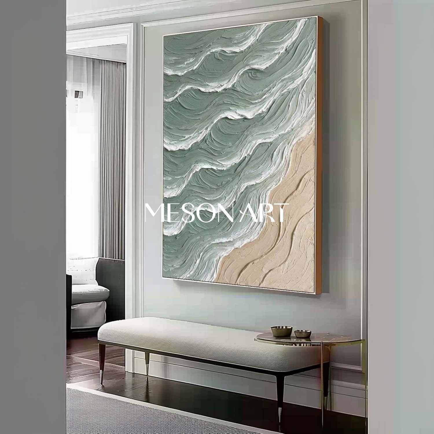Large White And Green Wave Canvas Wall Painting Minimalist Wave Wall Art Decoration