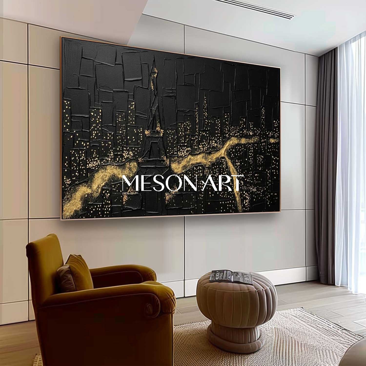 Large Abstract Forest Black Gold Canvas Minimalist Stardust Forest Aesthetic