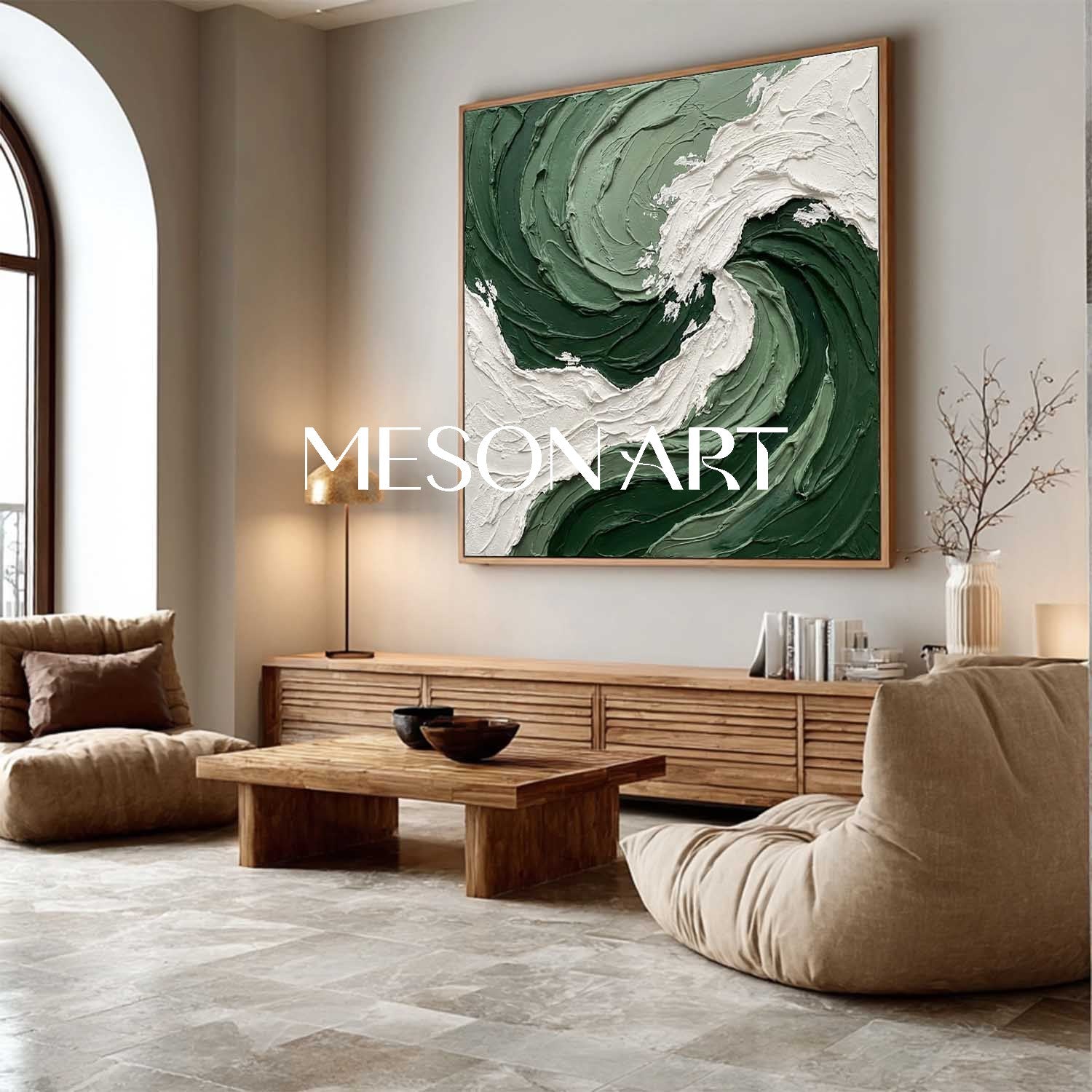 Oversized Crashing Wave Painting | Textured Forest Green Abstract Art