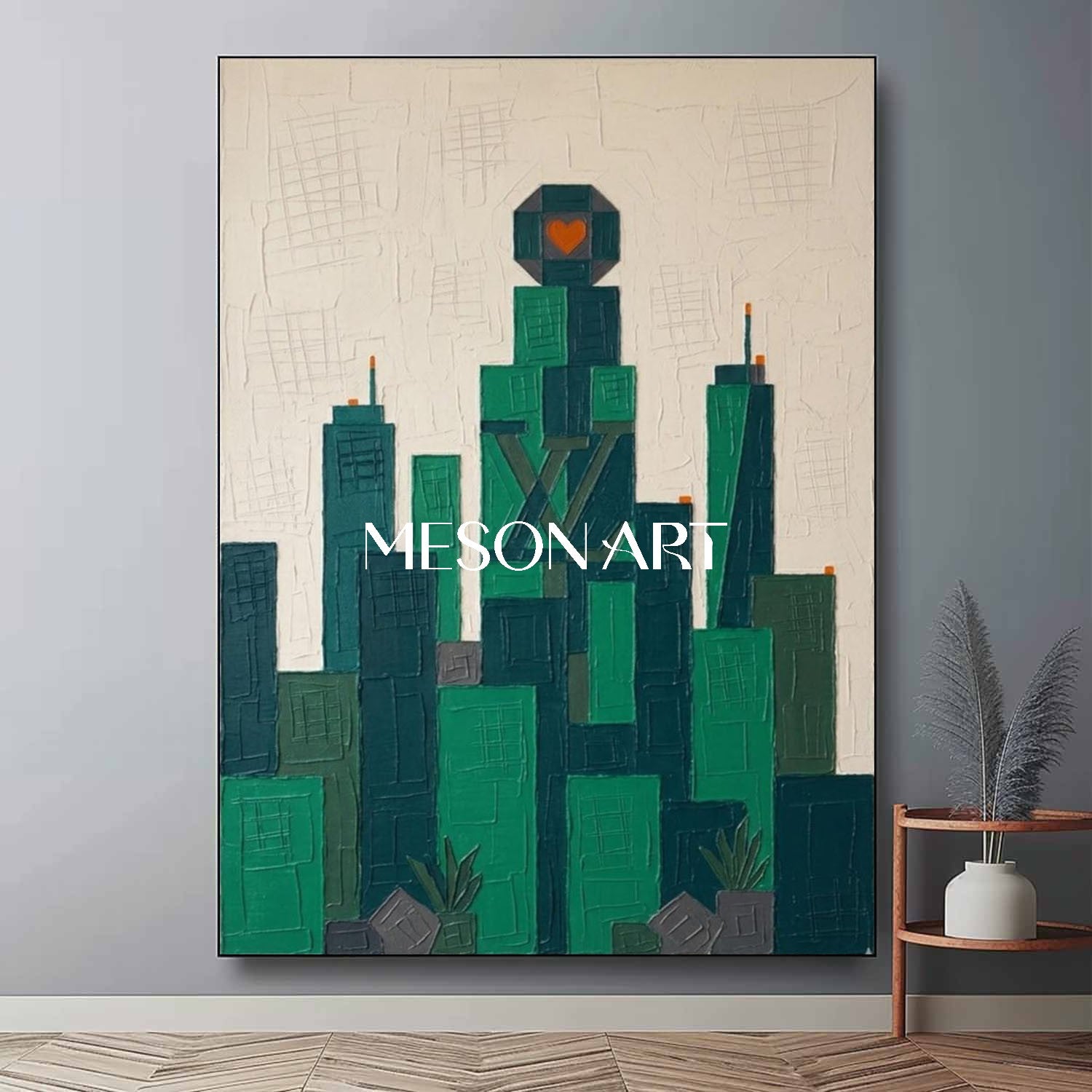 Geometric Urban Wall Decor Geometric Urban Architecture Painting Emerald Green Cityscape Artwork