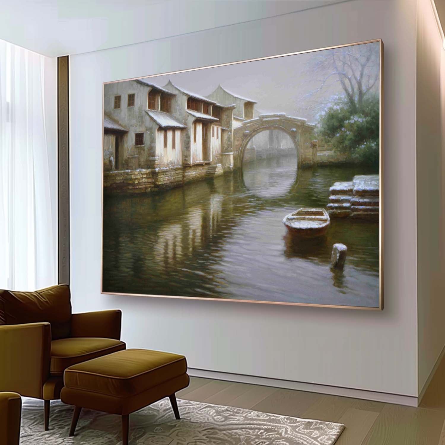 Super Realistic Ancient Water Town Landscape Art Ancient Town Water Town Landscape Canvas Wall Art.