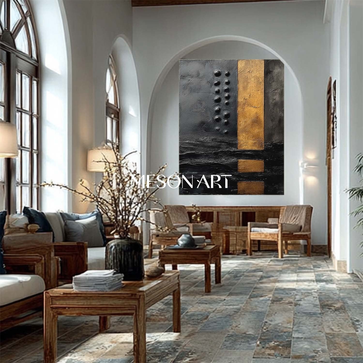 Large Black and Gold Abstract Textured Oil Painting for Living Room