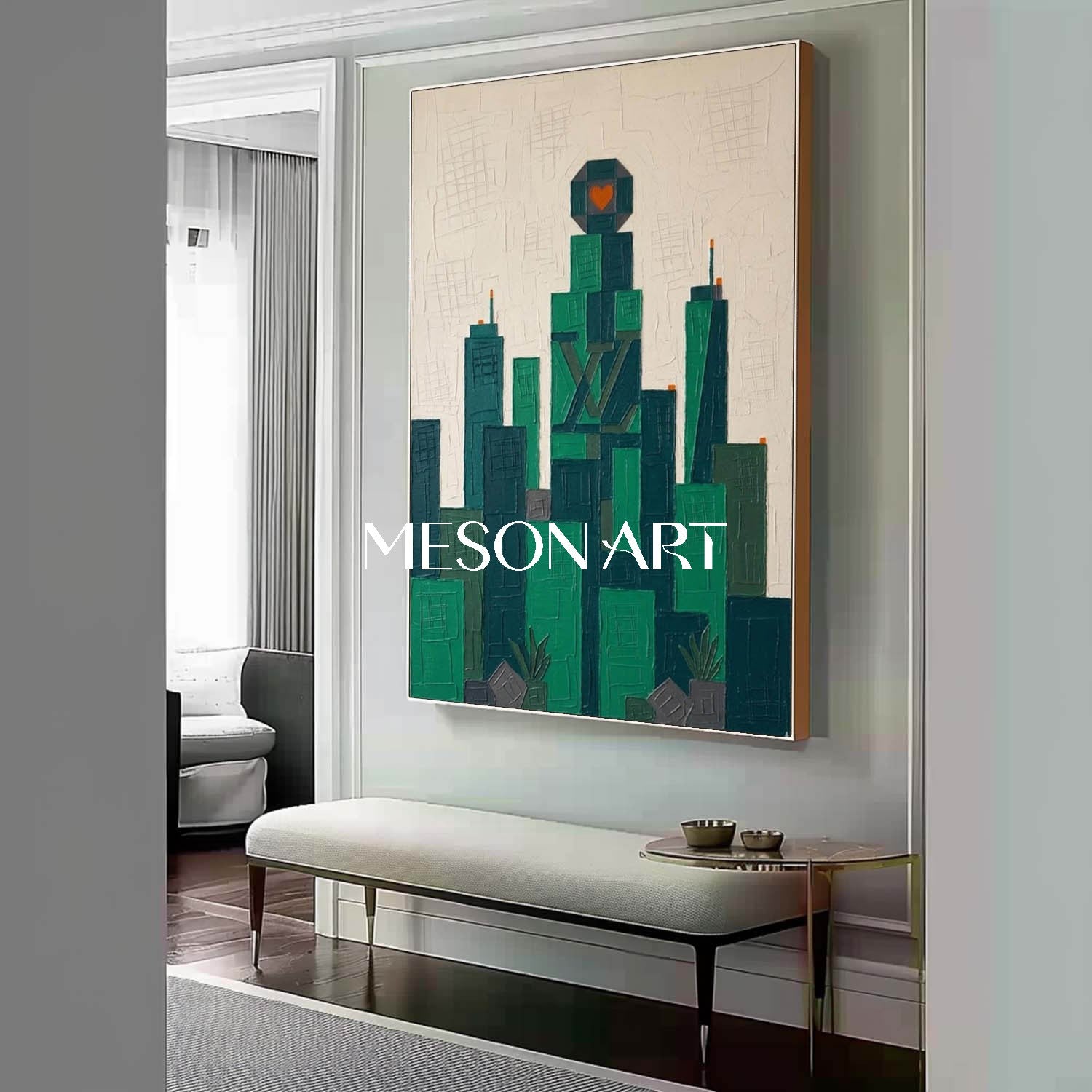 Geometric Urban Wall Decor Geometric Urban Architecture Painting Emerald Green Cityscape Artwork