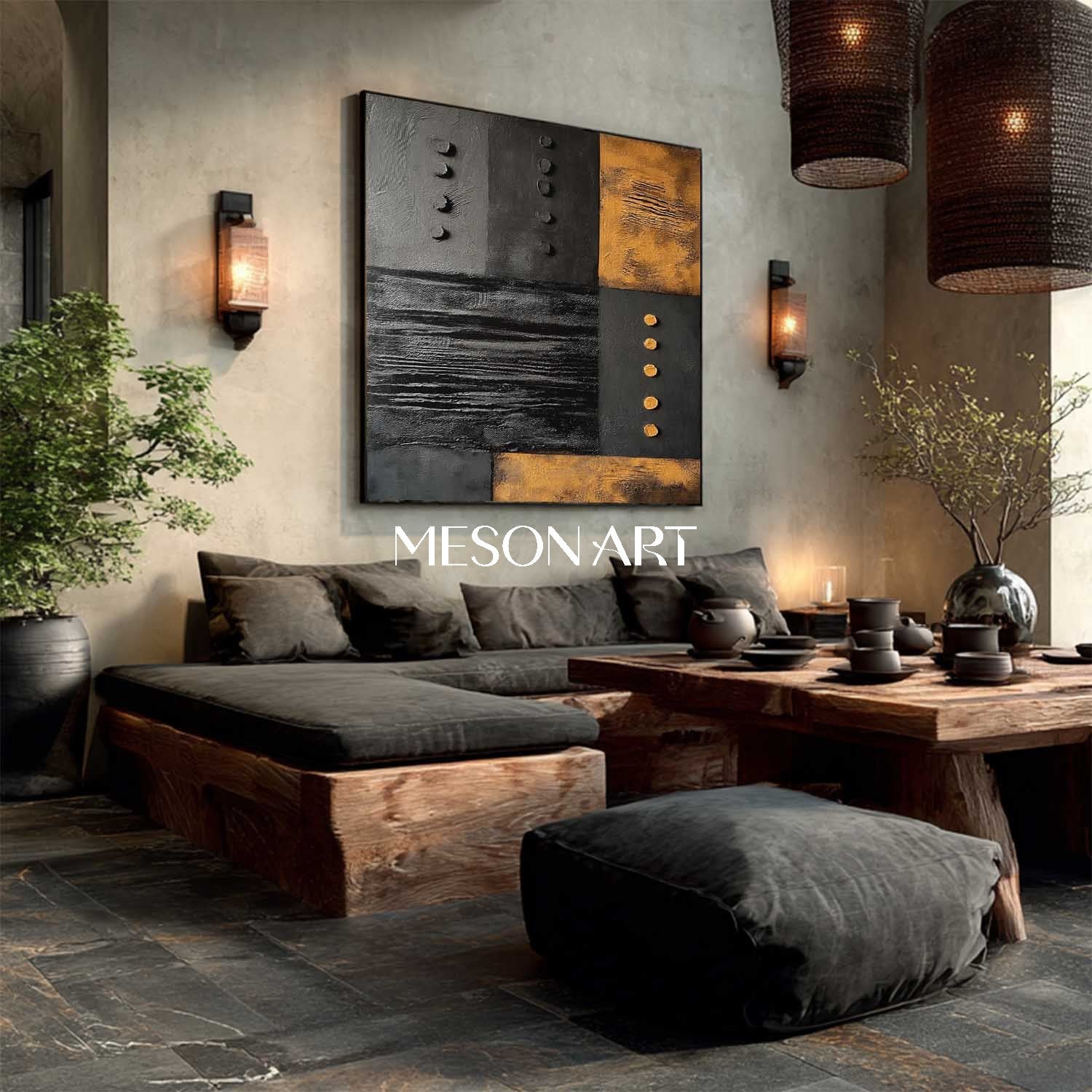 Contemporary Black and Gold Abstract Minimalist Artwork Textured Art