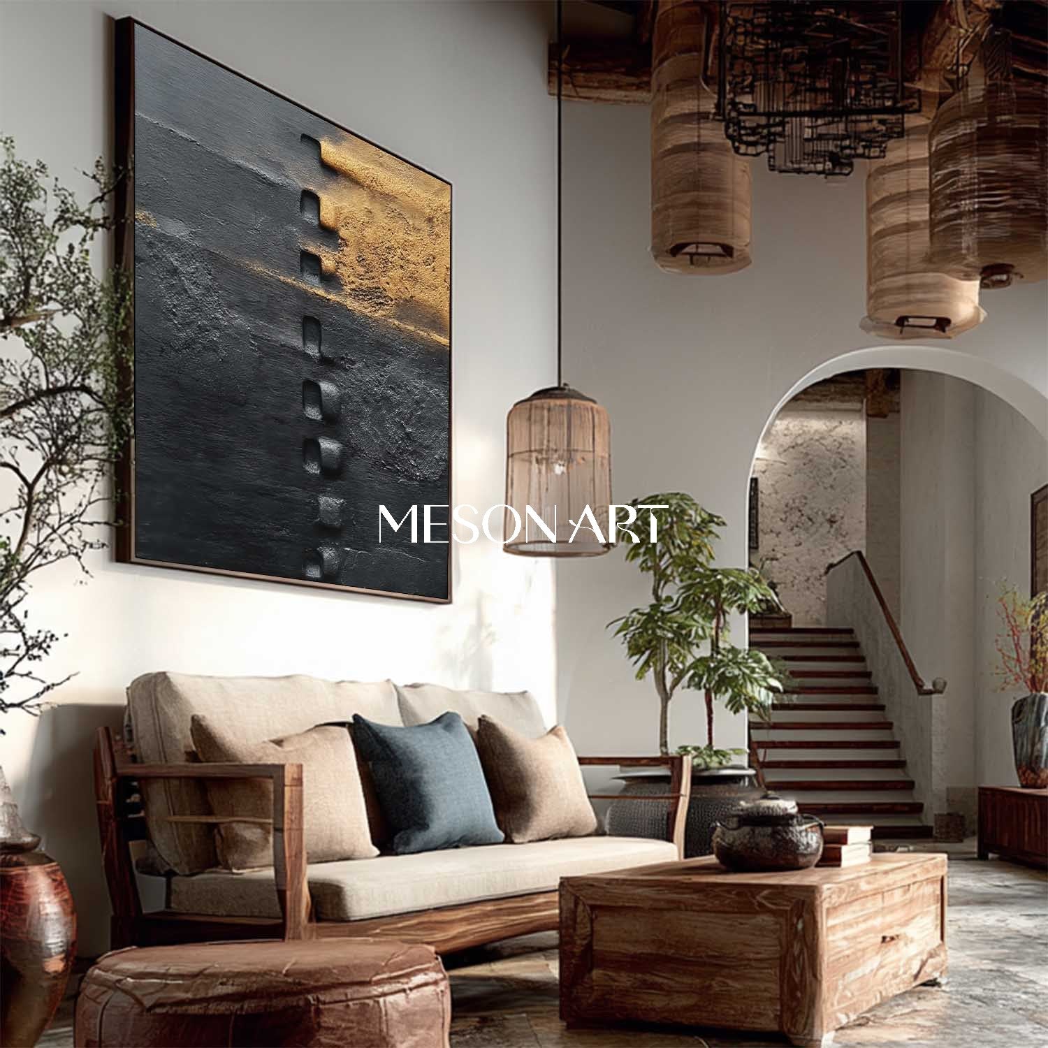 Shop Textured Black and Gold Handmade Abstract Canvas Art for Office