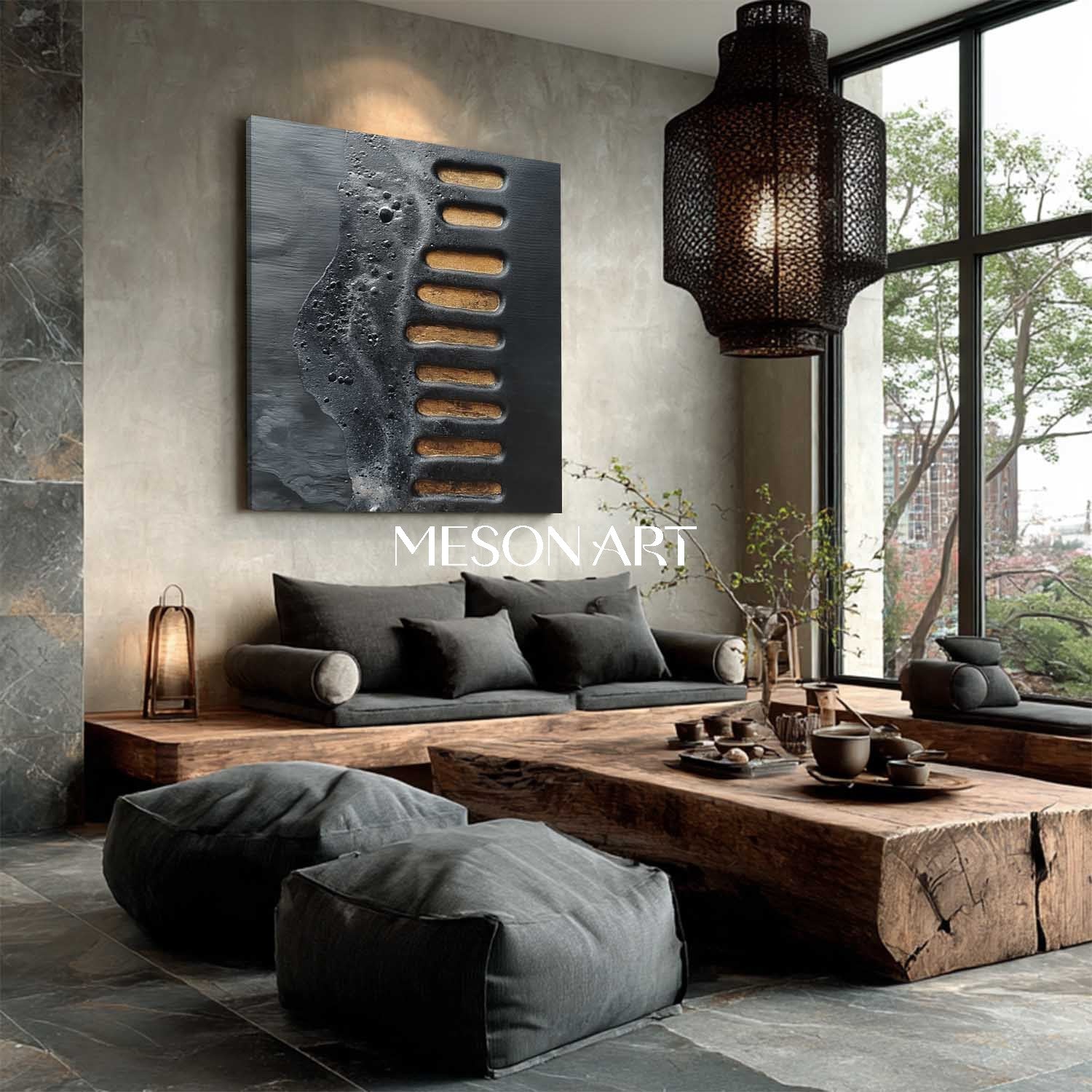 Original Wabi-Sabi Textured Black Gold Handmade Abstract Canvas Art