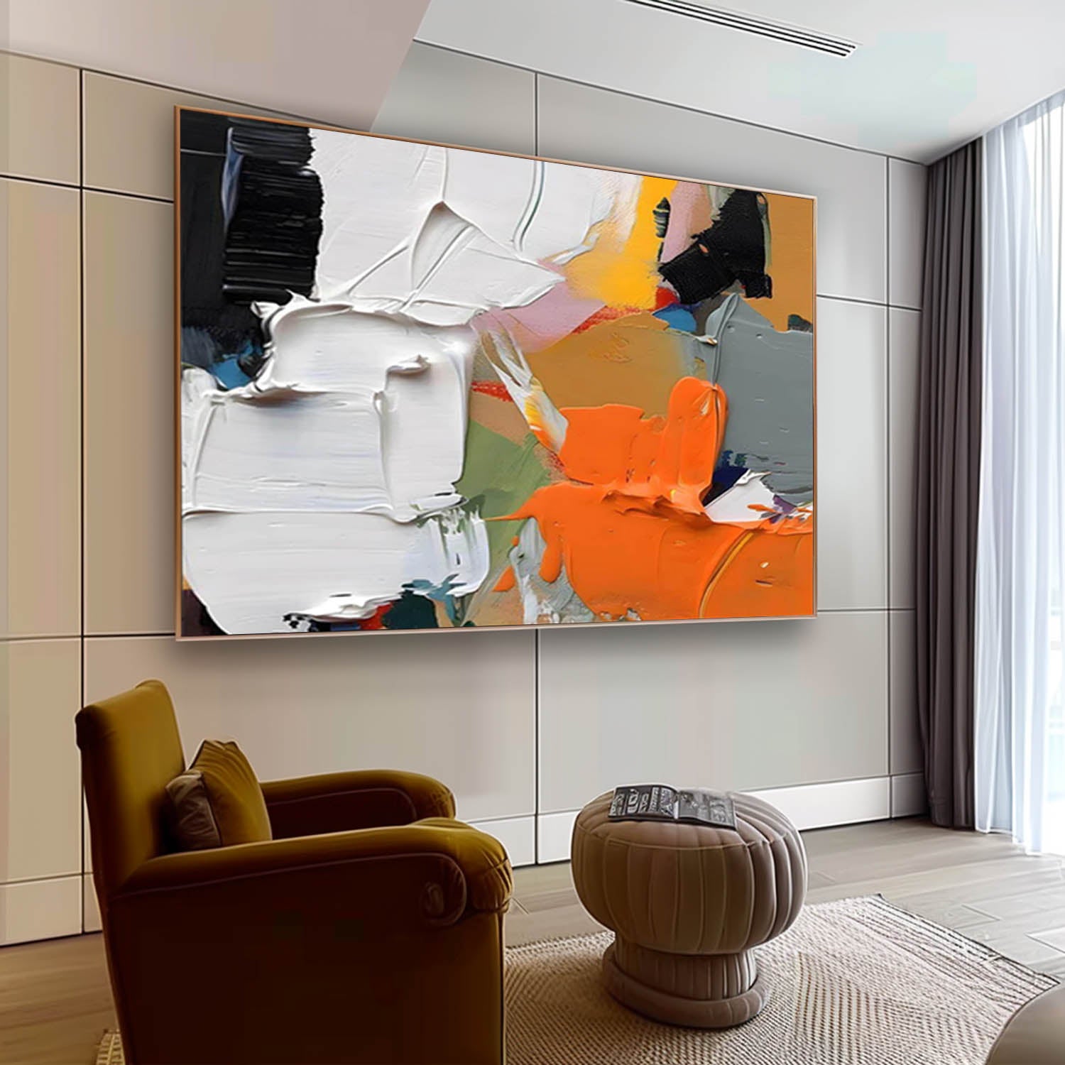 Extra Large Orange and White Textured Painting Orange and White Textured Canvas Wall Art for Sale