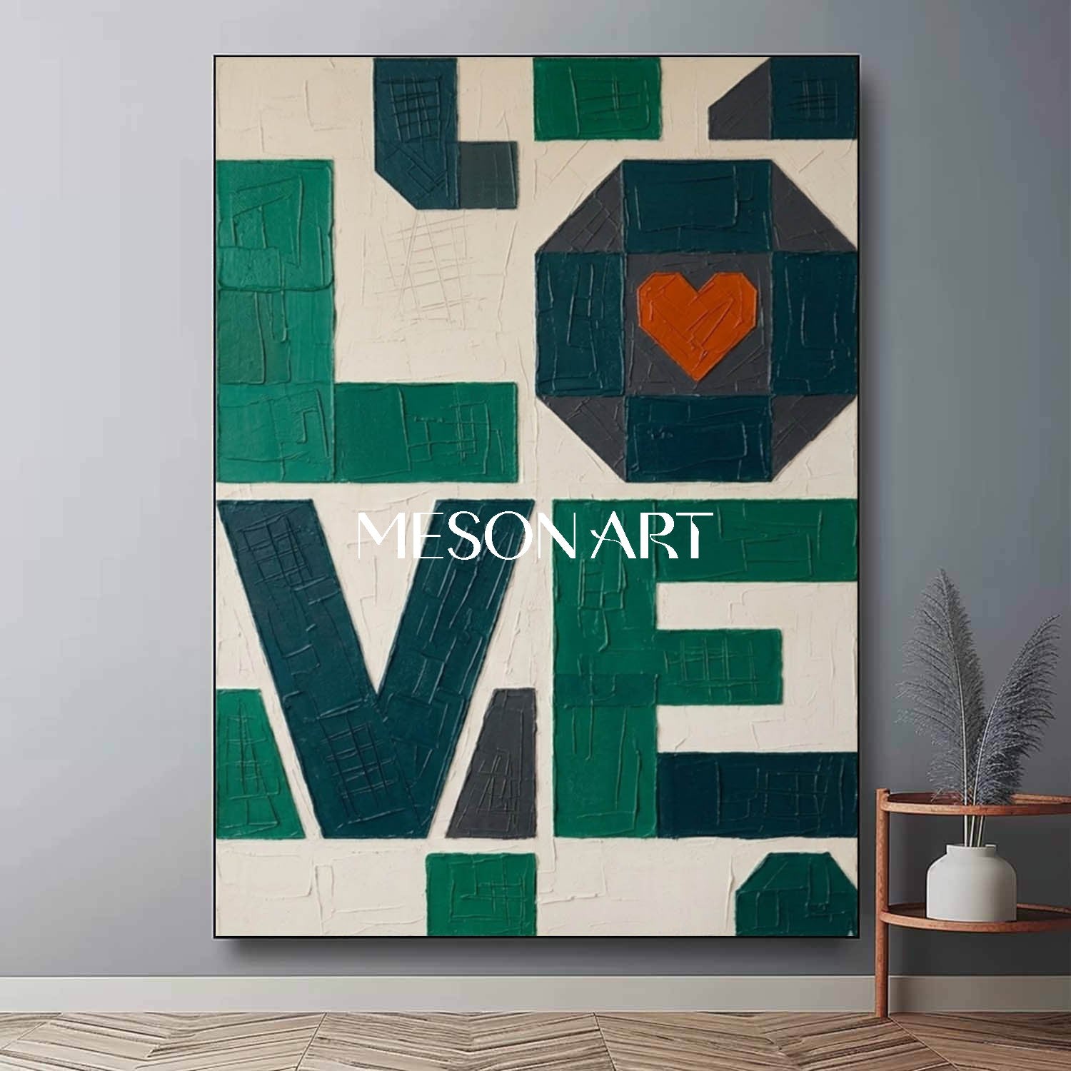 MesonArt 3D Textured Emerald Green LOVE Canvas Art | Geometric Plaster Wall Decor