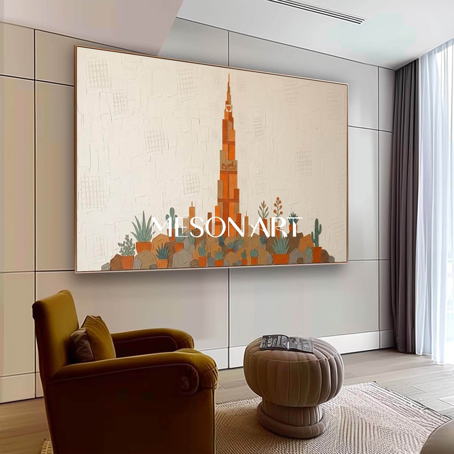 Modern Impasto Cityscape Office Decor Boho Minimalist Architecture Artwork Large Statement Heart Motif Canvas