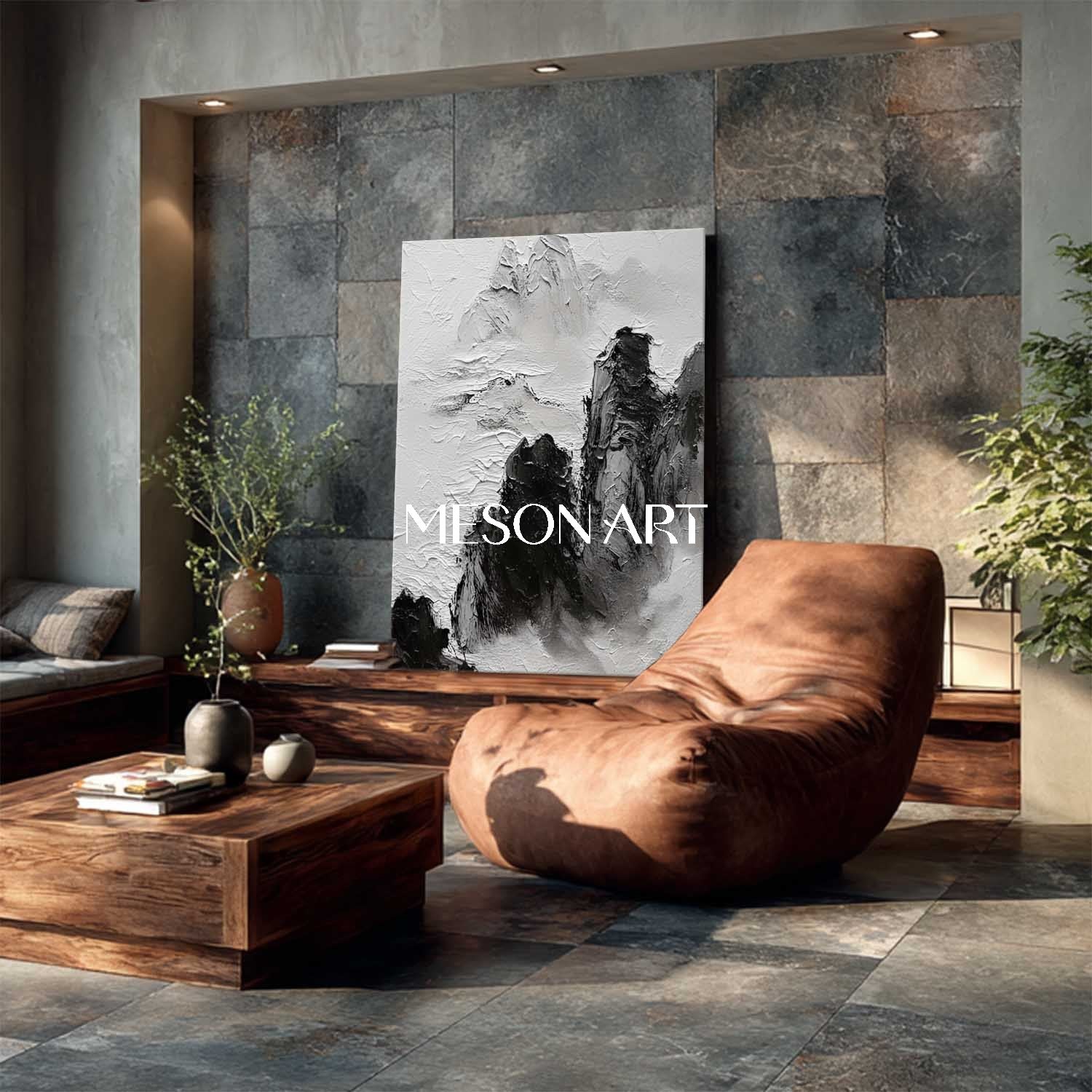 Large Black White Landscape Wabi Sabi Style Textured Canvas Wall Decor