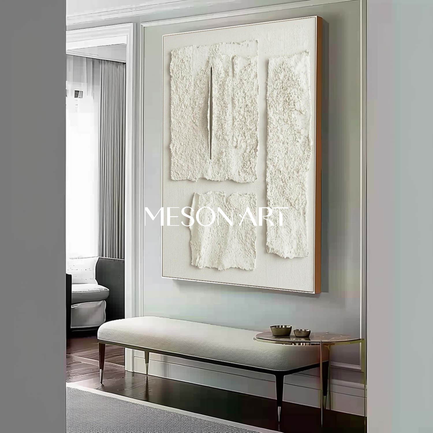 Minimalist 3D White Texture Painting Large Abstract Plaster Wall Art for Modern Homes by MesonArt