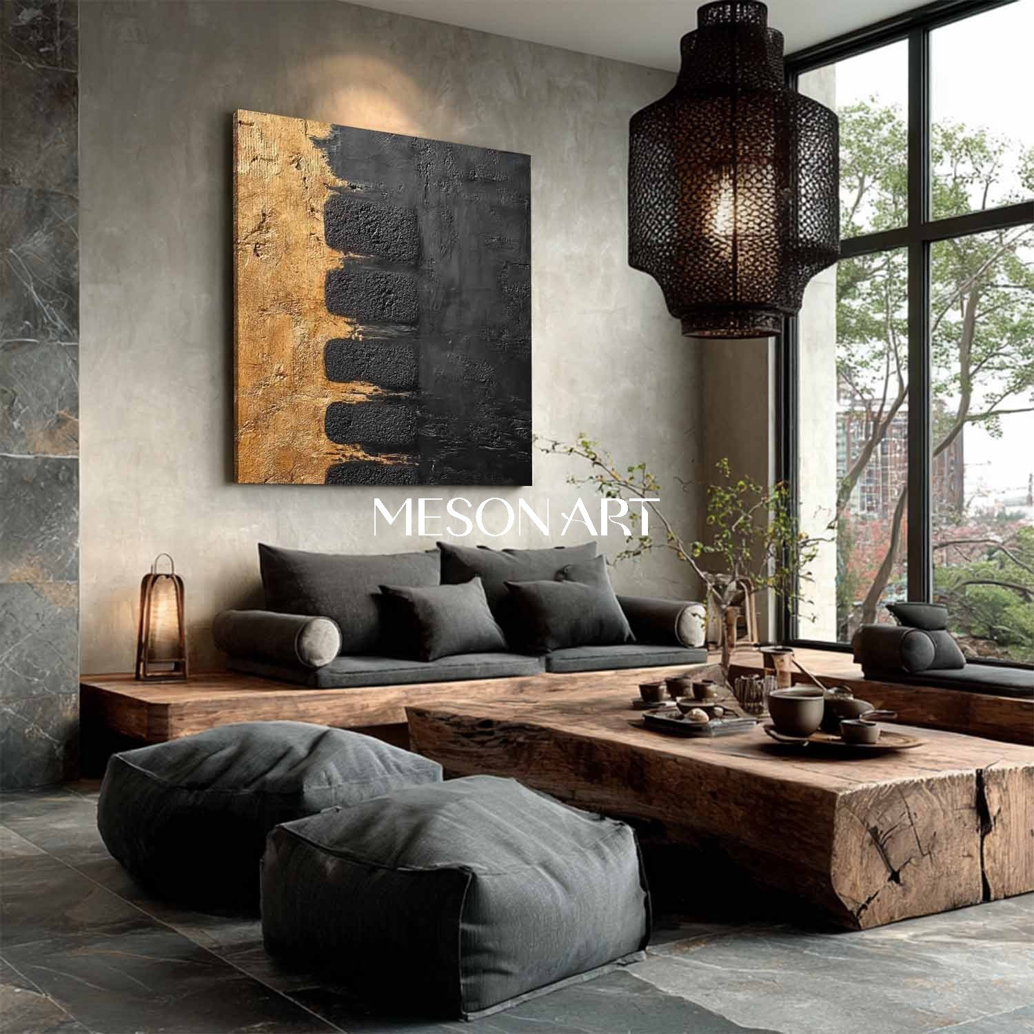 Textured Abstract Gold and Black Minimalist Art for Elegant Interiors