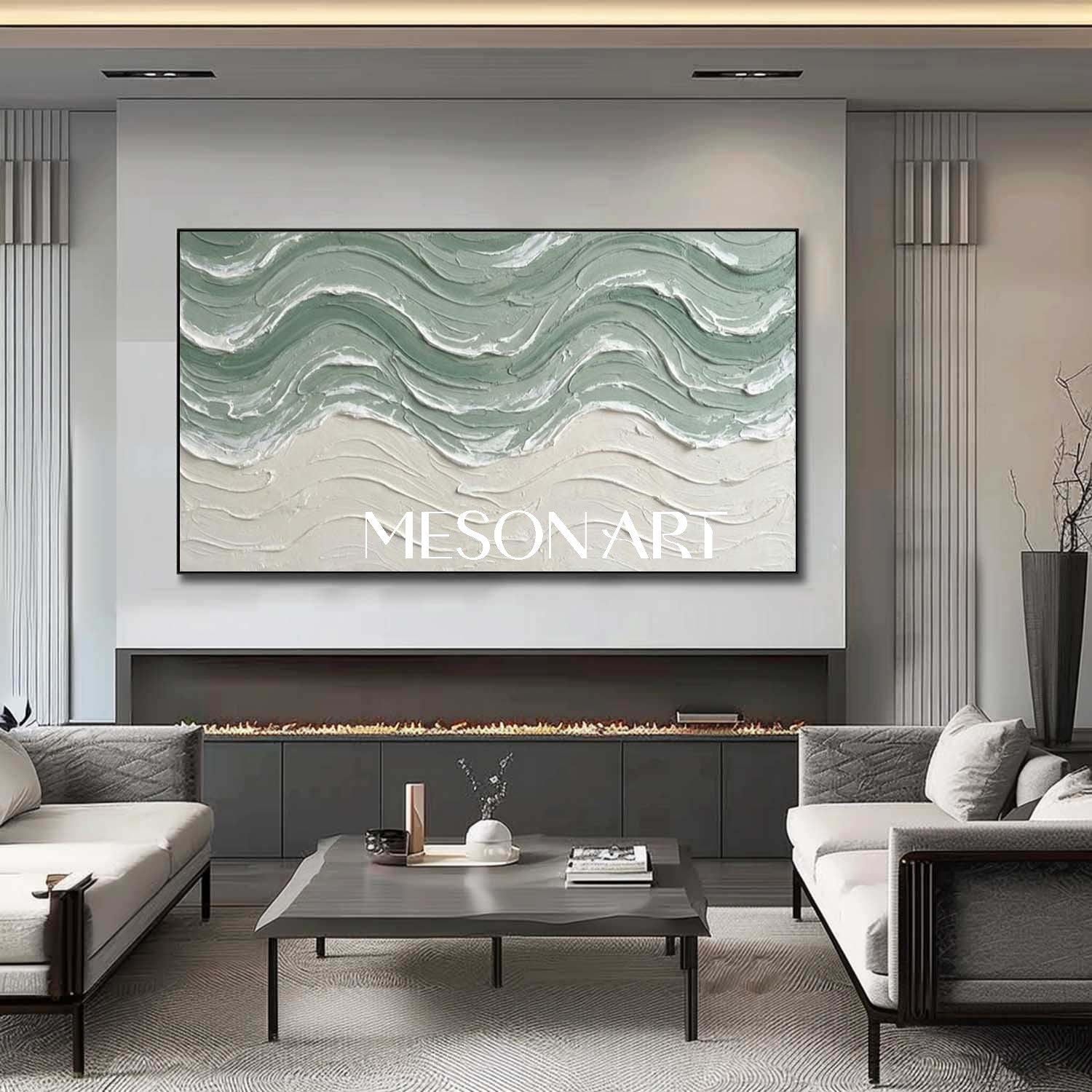 Overlapping White And Beige Wave Painting Abstract Interior Design Wall Decor