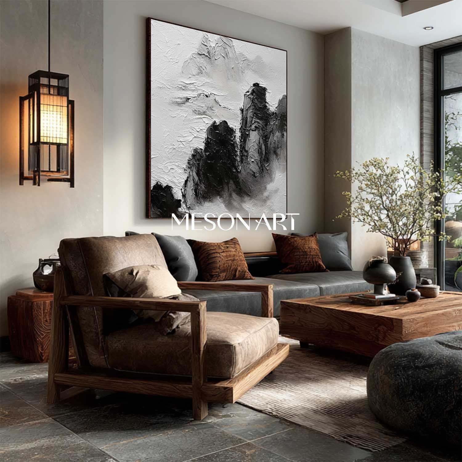 Large Black White Landscape Wabi Sabi Style Textured Canvas Wall Decor