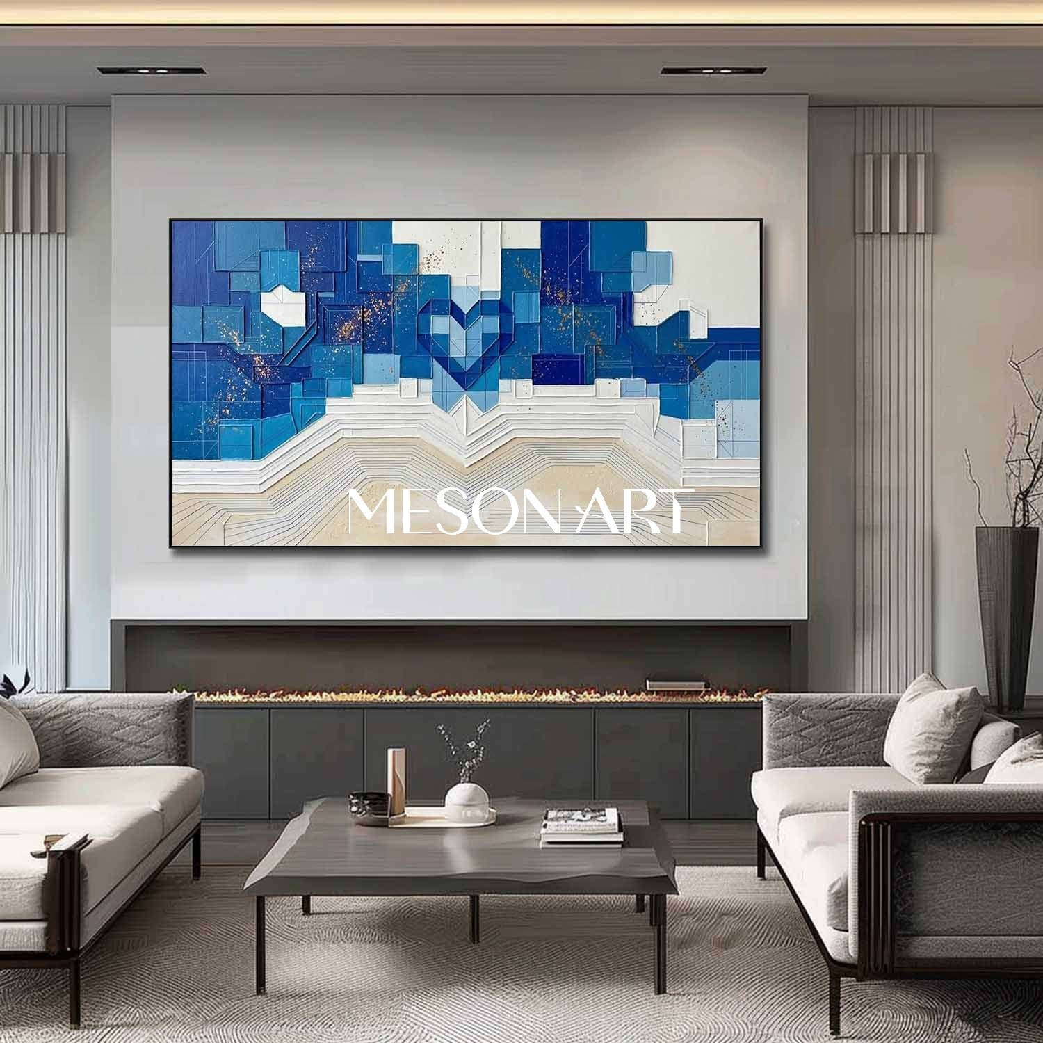 Modern Large Framed Blue and Beige Textured Geometric Heart Wall Art | 3D Plaster Canvas Painting for Living Room | MesonArt