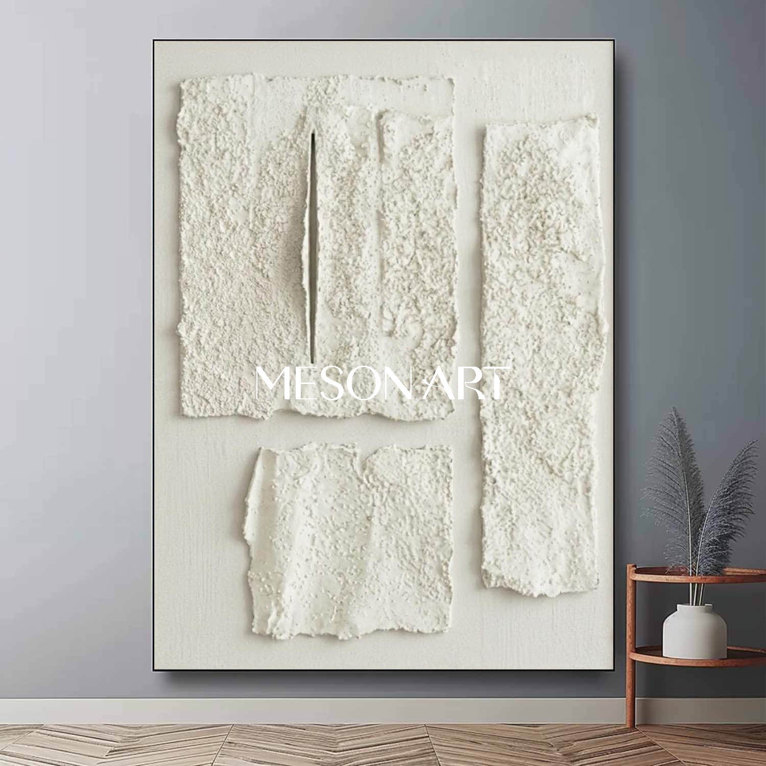 Minimalist 3D White Texture Painting Large Abstract Plaster Wall Art for Modern Homes by MesonArt