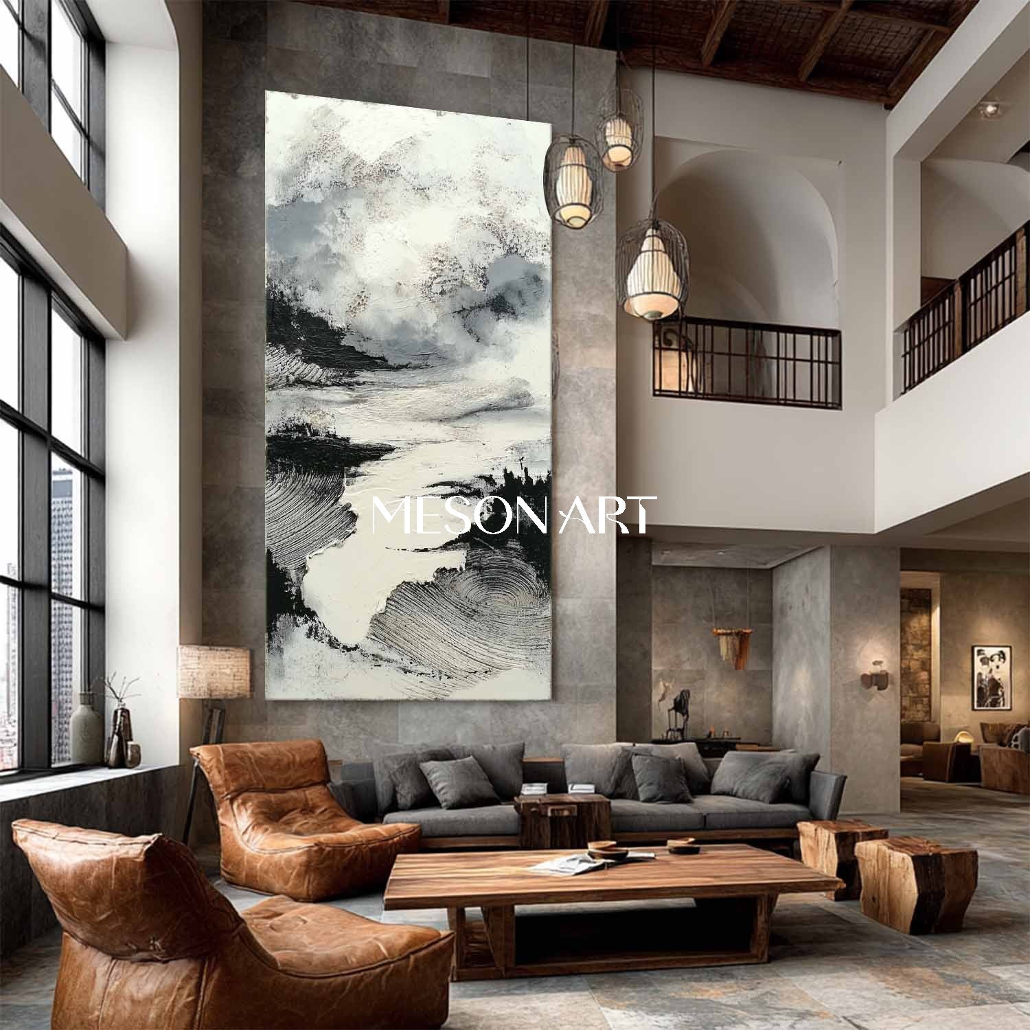 Modern Wabi Sabi Wall Art Vertical Black Textured Painting Enterway