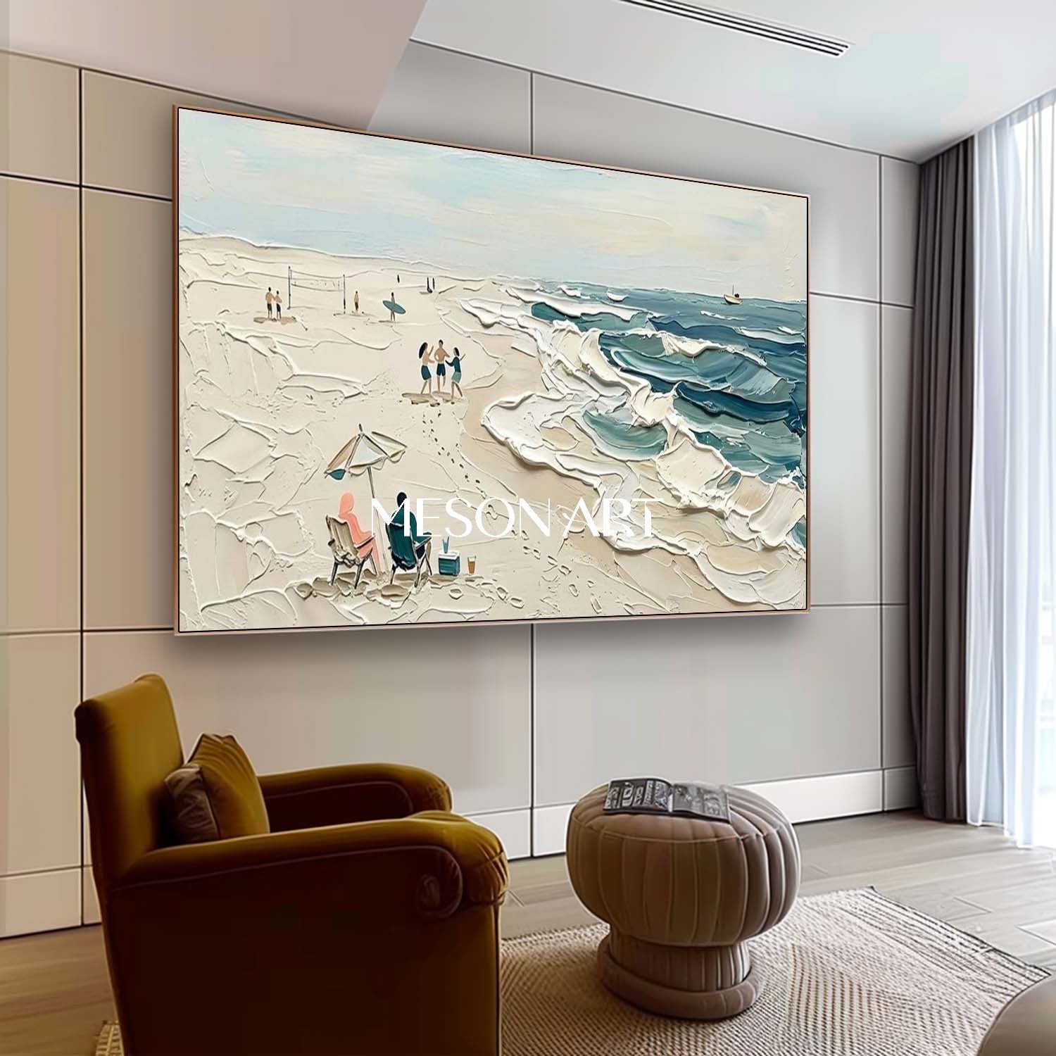 Sandy Beach Painting Beach Ocean Waves Painting Textured Wall Art Large Framed Canvas Ready To Hang Panoramic