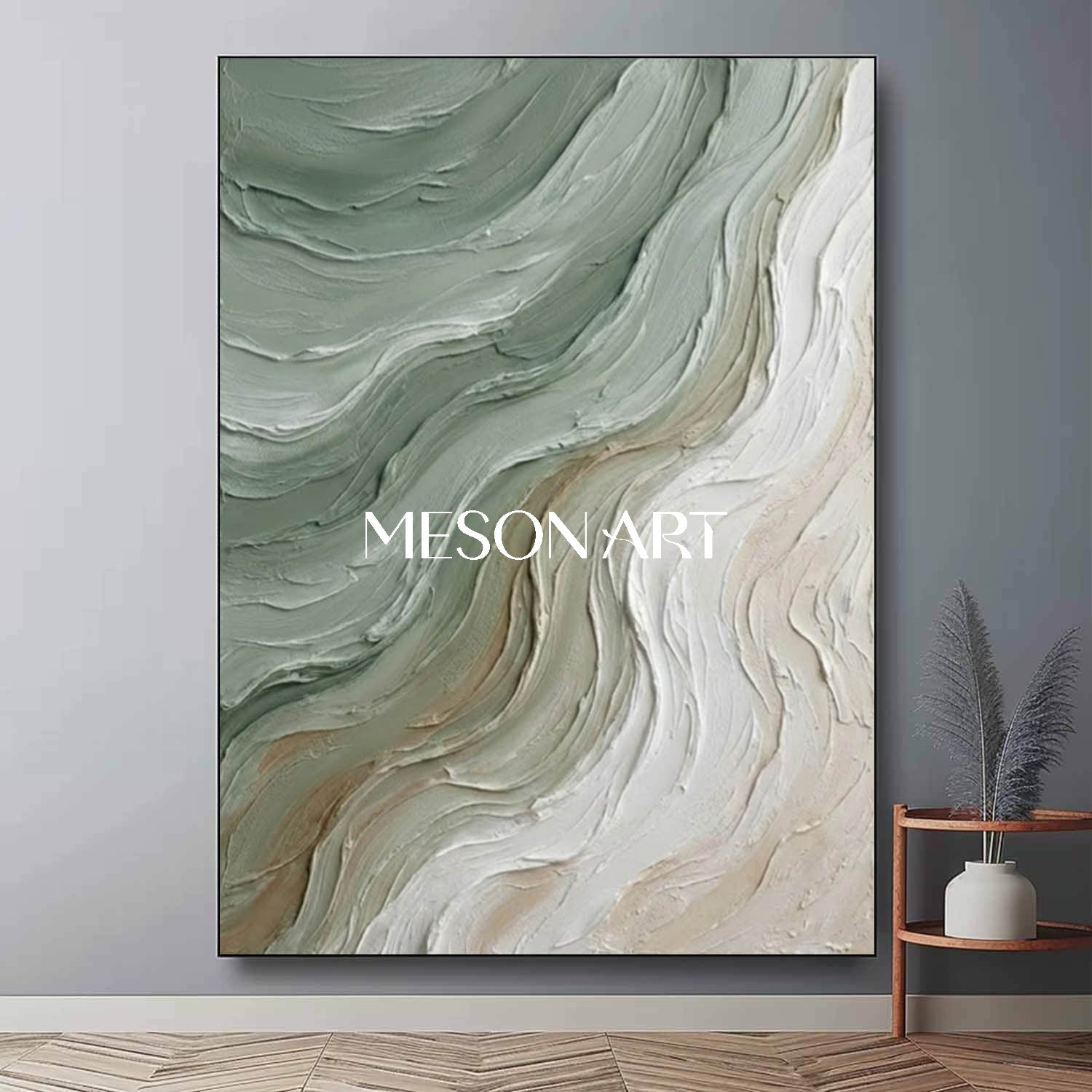 Large White And Green Wave Canvas Wall Painting Minimalist Wave Wall Art Decoration