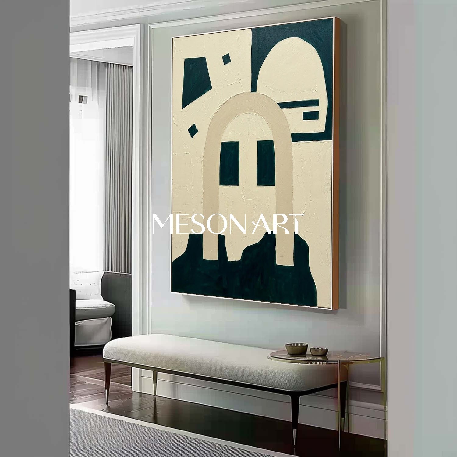 Geometric Wabi Sabi Interior Art Deep Teal Geometric Arch Art Minimalist Mid Century Artwork