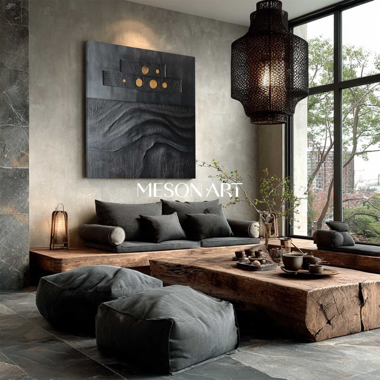 Wabi-Sabi 24×24 Wall Art Black Painting Hand-Painted Abstract Canvas