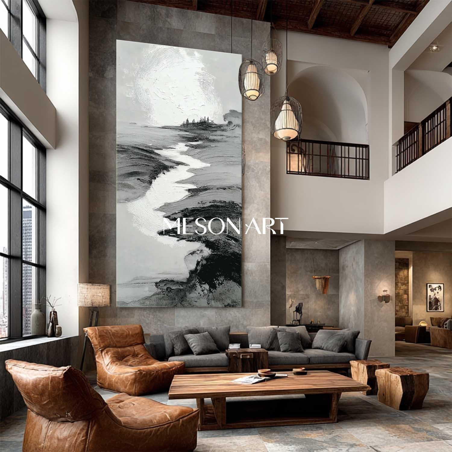 Wabi Sabi Inspired Black Textured Landscape Modern Hallway Wall Art