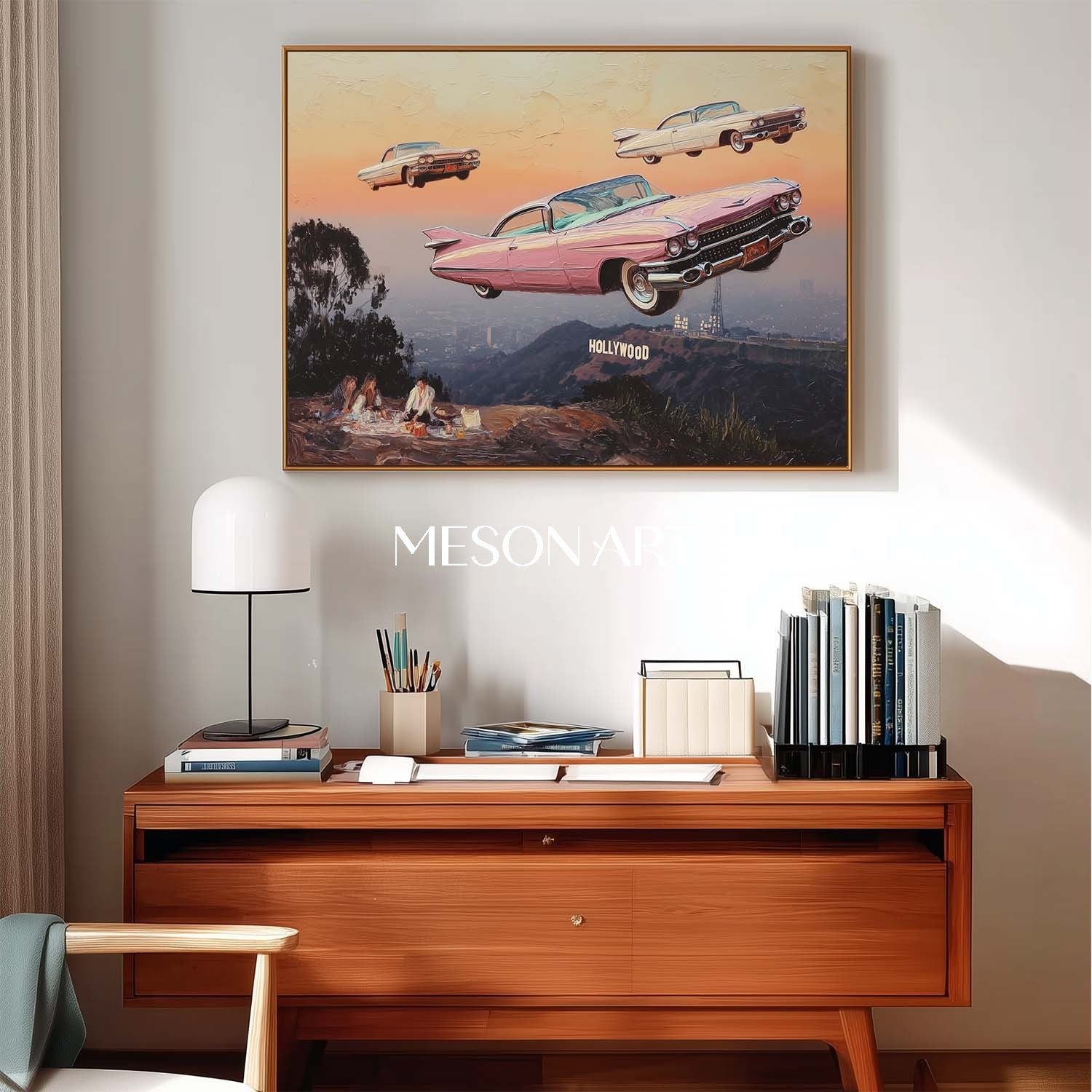 Surreal Sunset Surreal Art Flying Vintage Cars Hollywood Hills Canvas