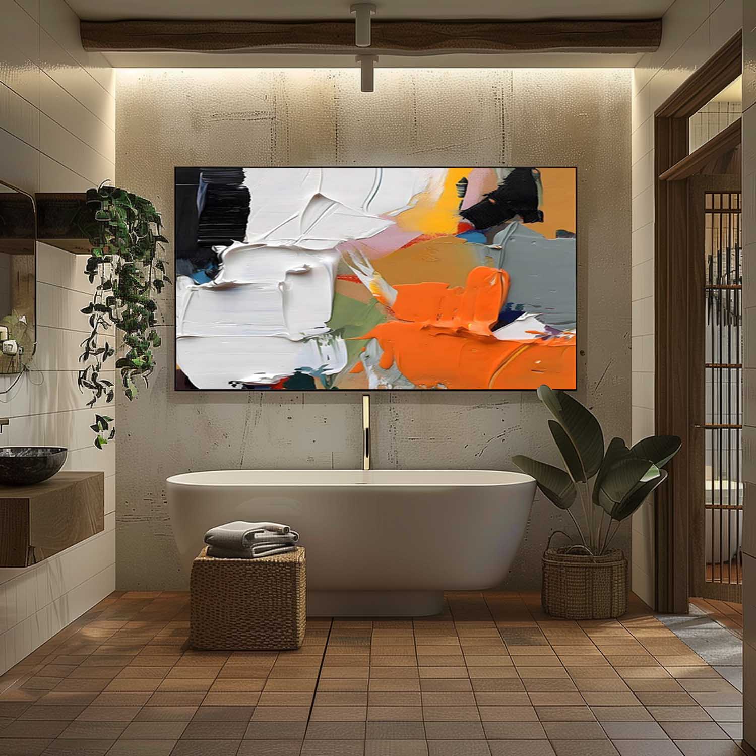 Extra Large Orange and White Textured Painting Orange and White Textured Canvas Wall Art for Sale