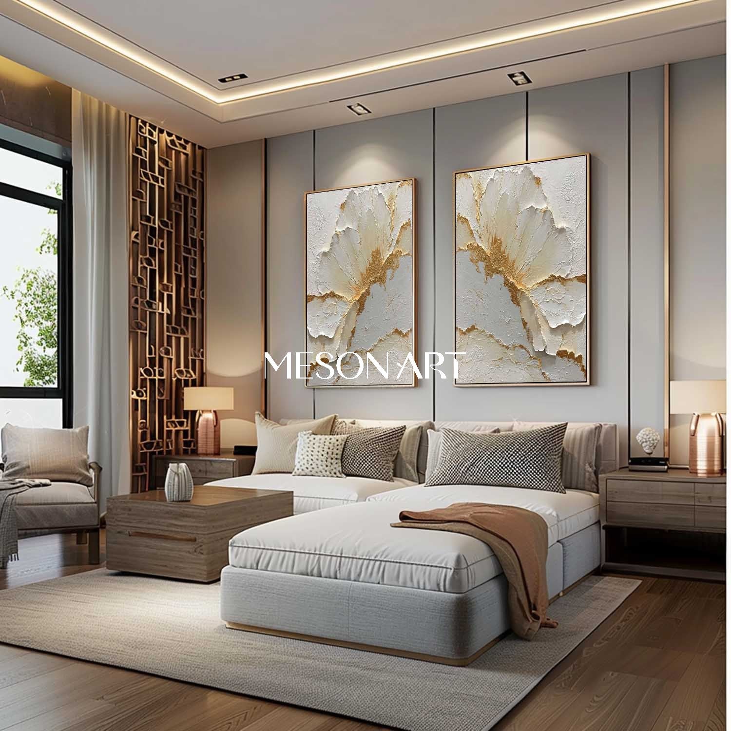 2-Piece Set White and Gold Plaster Texture Paintings for Sale, Plaster Flower Art