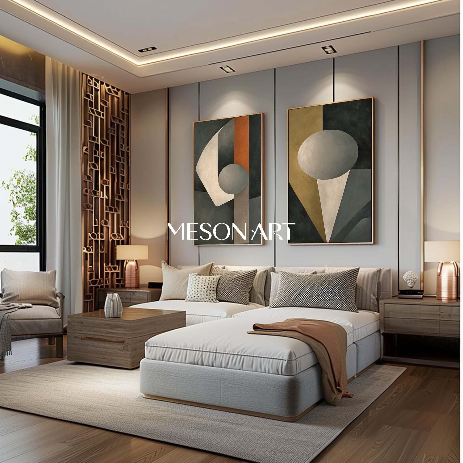 Modern Abstract Geometric Oil Painting Gray Canvas Living Room Triptych