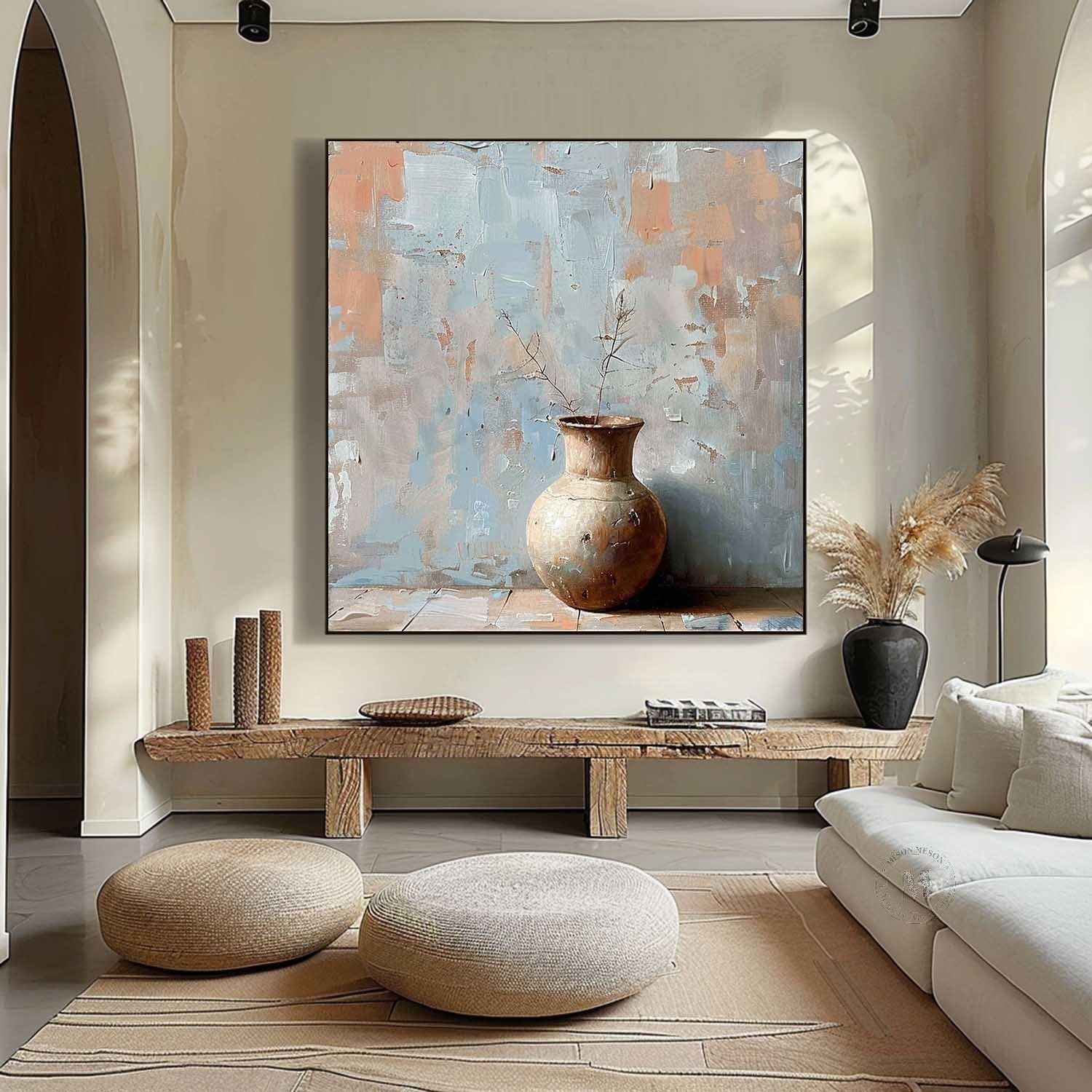 Cyan Clay Pot Minimalist Painting Clay Pot Wabi Sabi Canvas Wall Art for Sale
