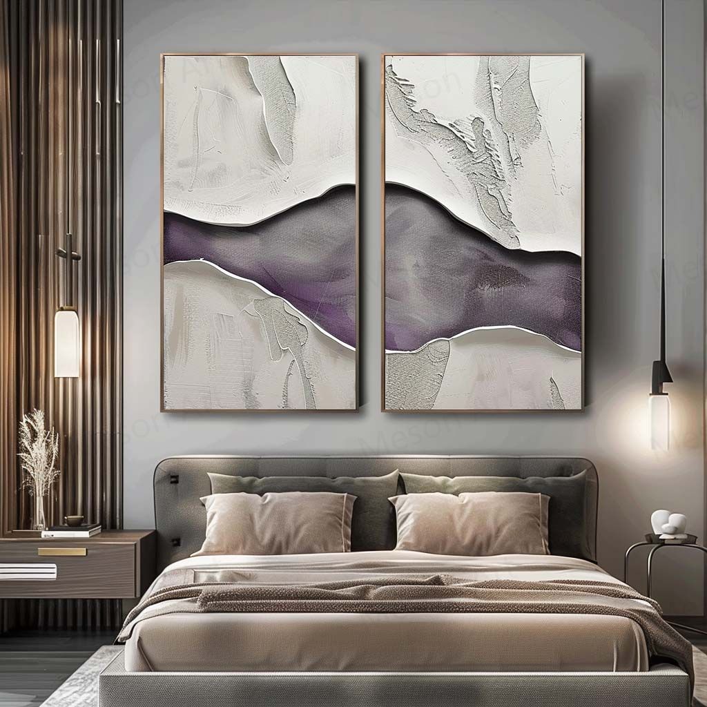 Large Purple and Gray Minimalist Abstract Texture Paintings Set of 2 Purple and Gray Minimalist Canvas Wall Art for Sale