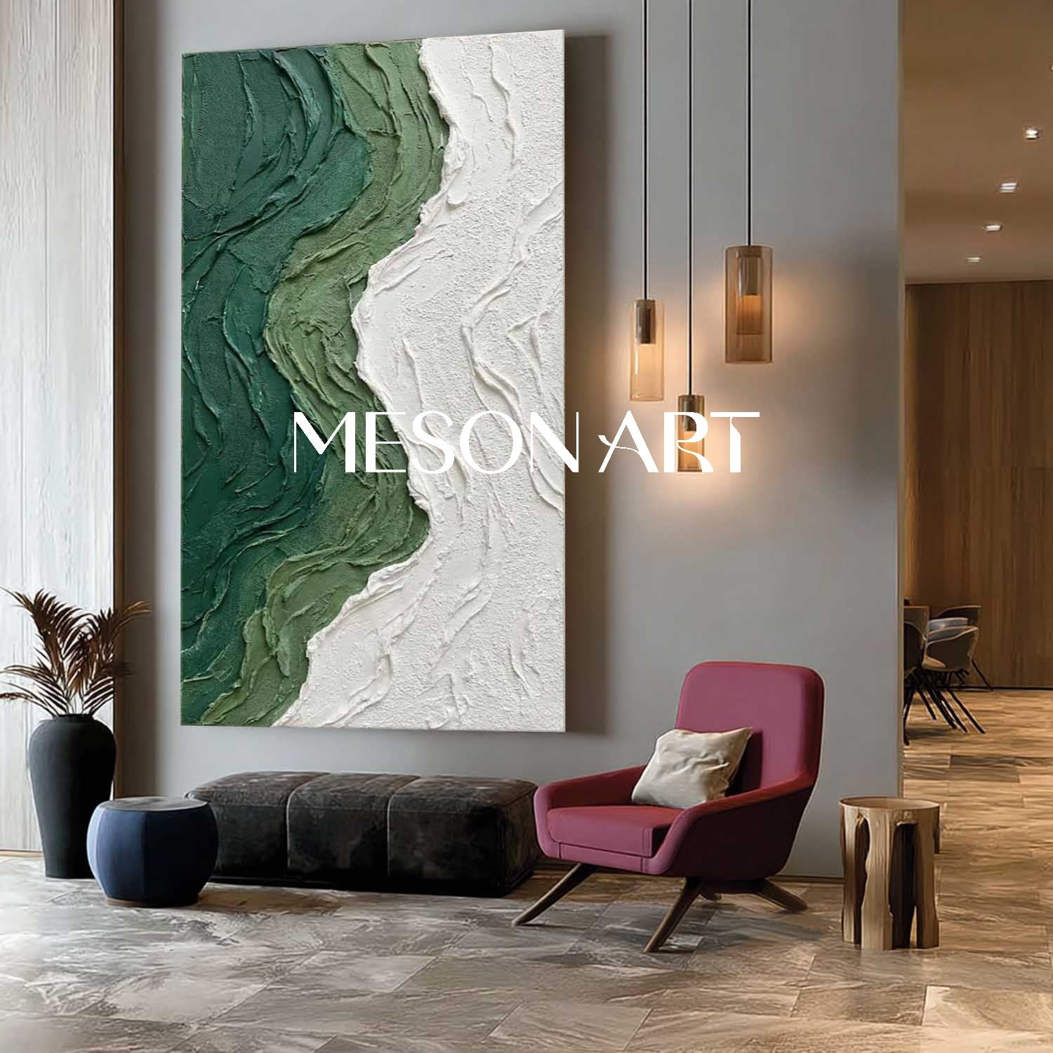 Dark Green Wall Art Heavy Texture Painting Minimalist Green Interior Decor